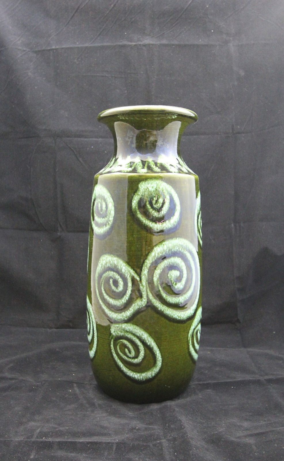 Glorious Scheurich West German Pottery Floor Vase In Deep Green High Gloss Glaze With Pale Green/White Contrast Spiral Design photo for sale