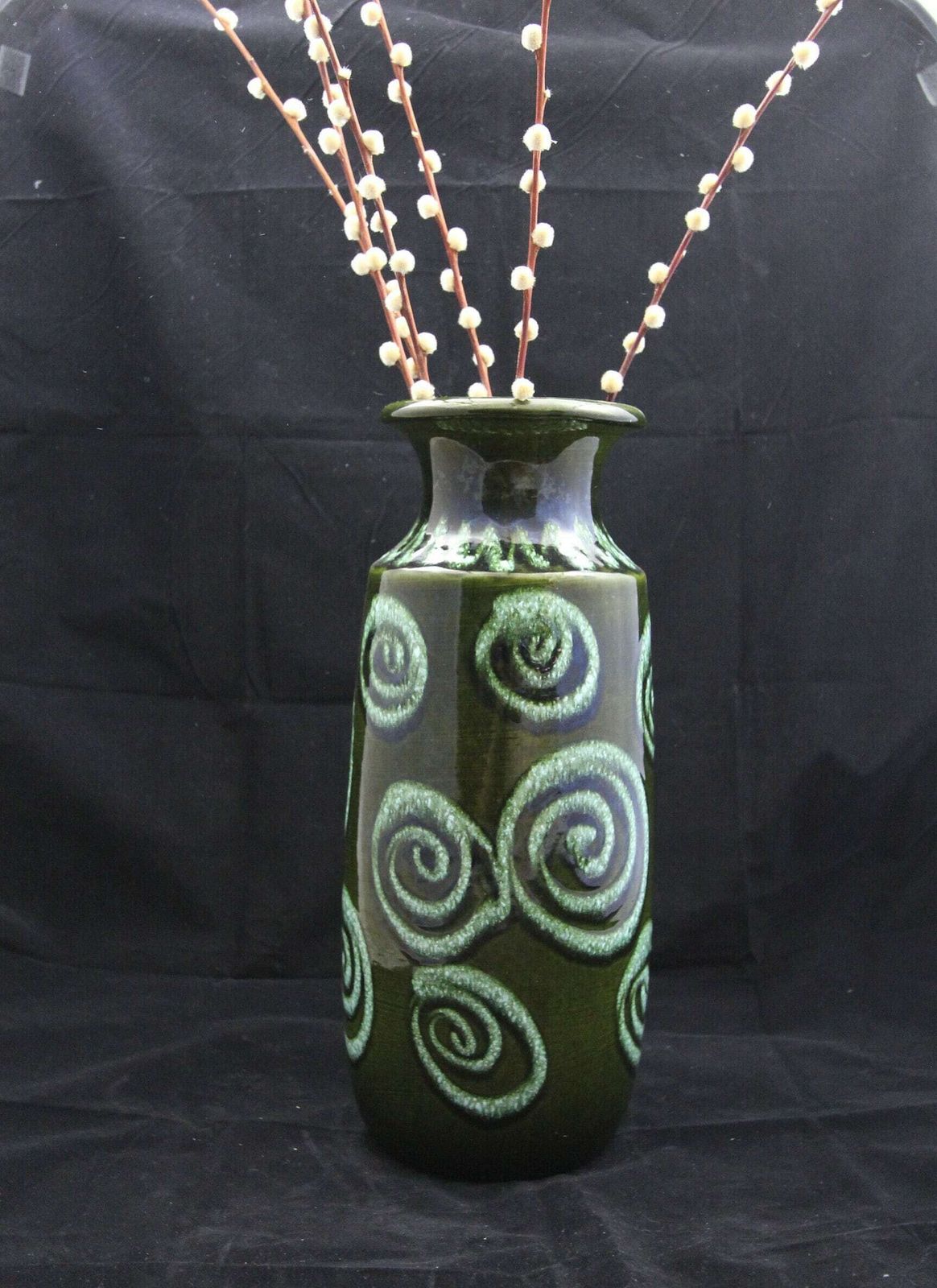 photo for sale Glorious Scheurich West German Pottery Floor Vase In Deep Green High Gloss Glaze With Pale Green/White Contrast Spiral Design