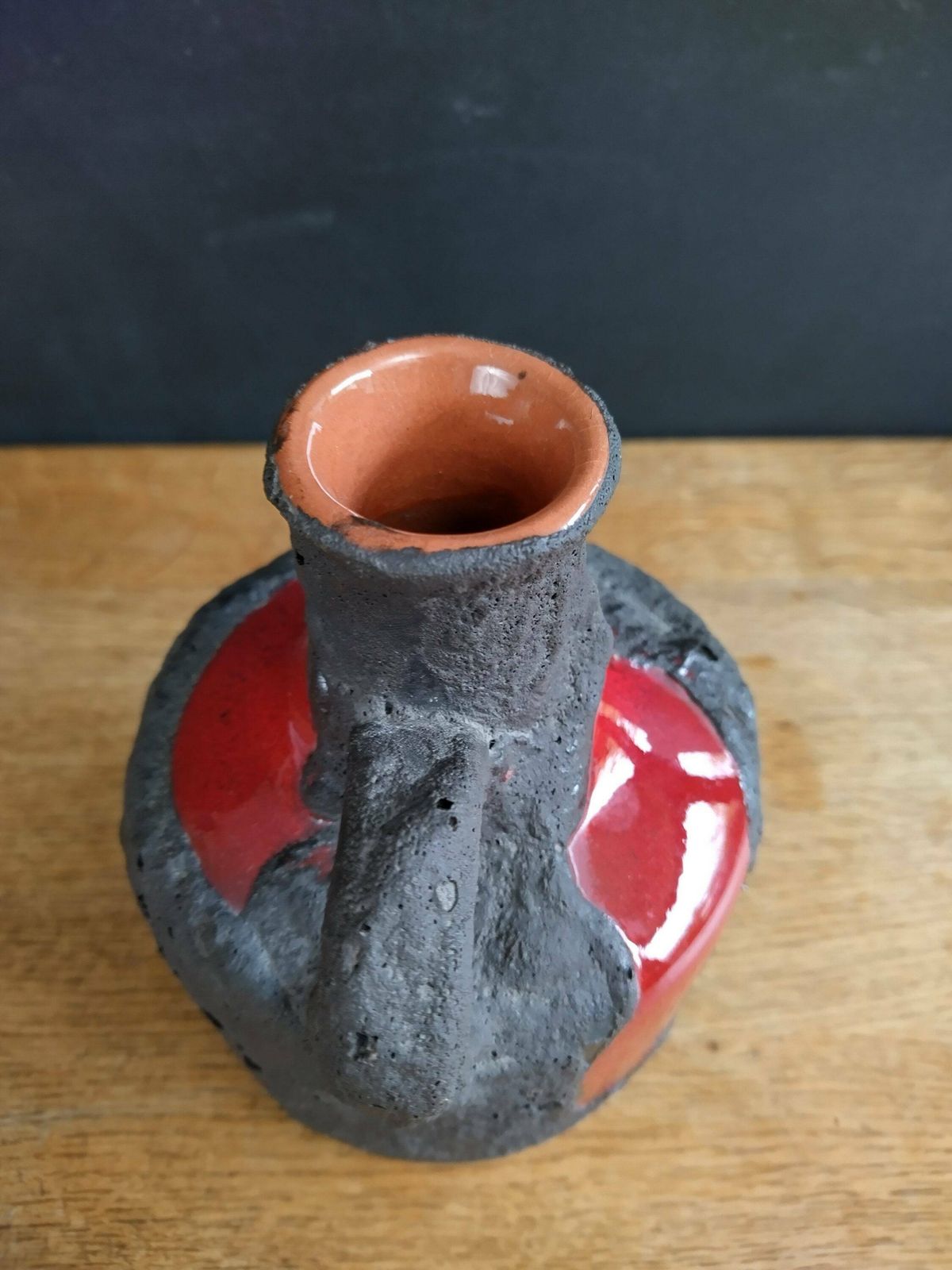 Stunning Marei Black Fat Lava With Gloss Red Highlights Small Jug Vase West German photo 85.0