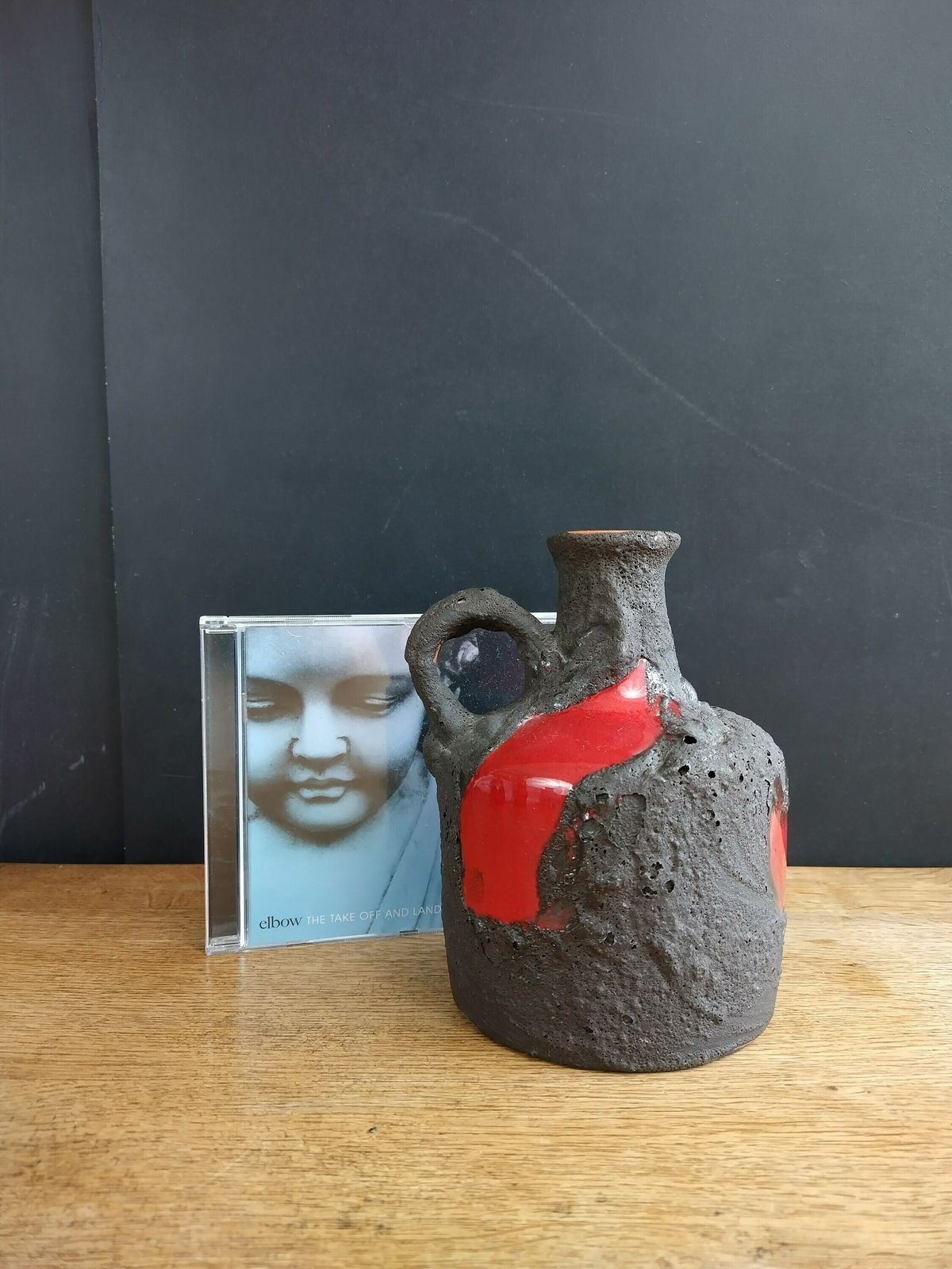Stunning Marei Black Fat Lava With Gloss Red Highlights Small Jug Vase West German photo vintage