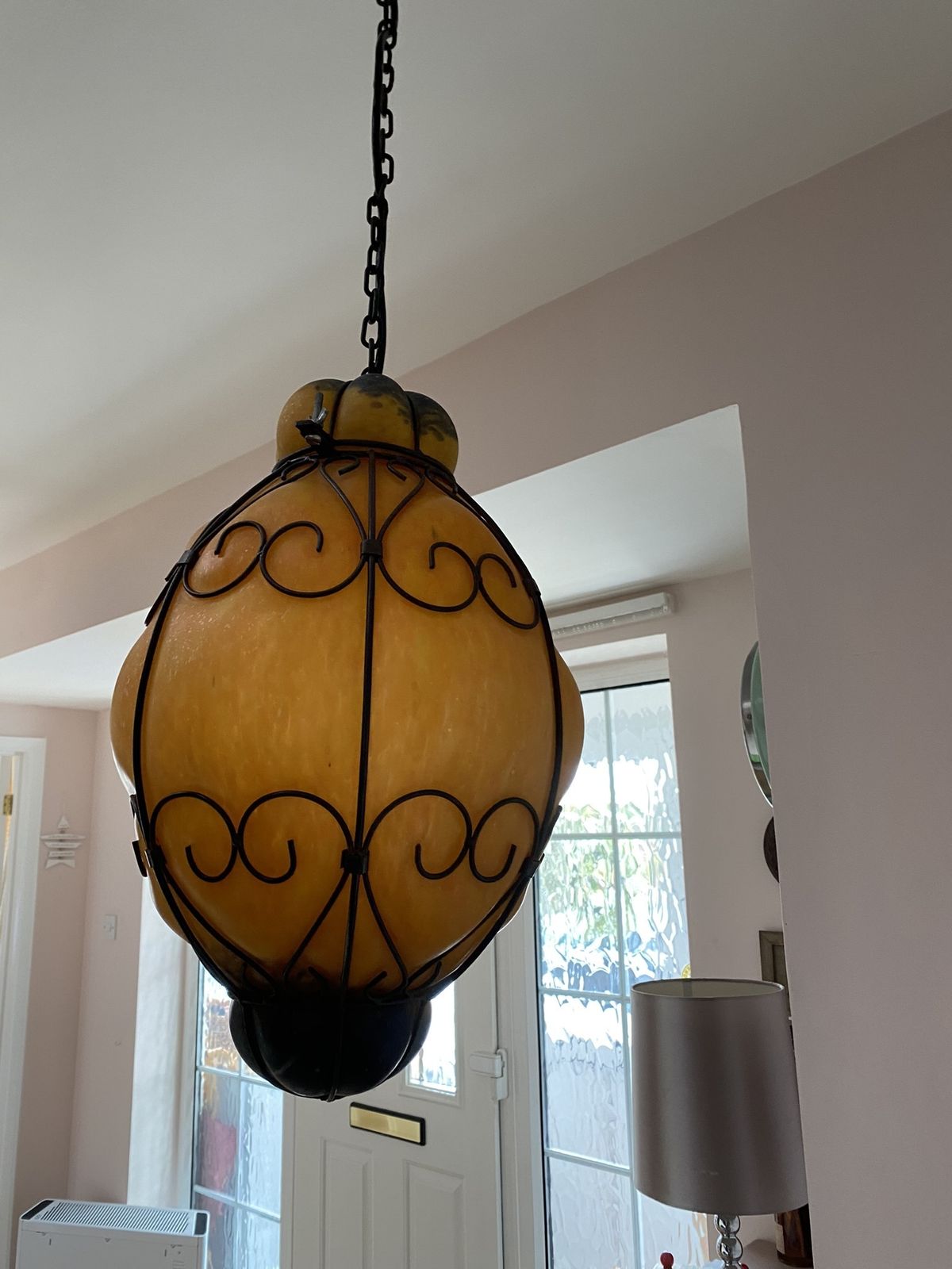 Large 1960s Venetian Wrought Iron Cage Murano Glass Lantern Pendant Light Opaque Amber photo furniture