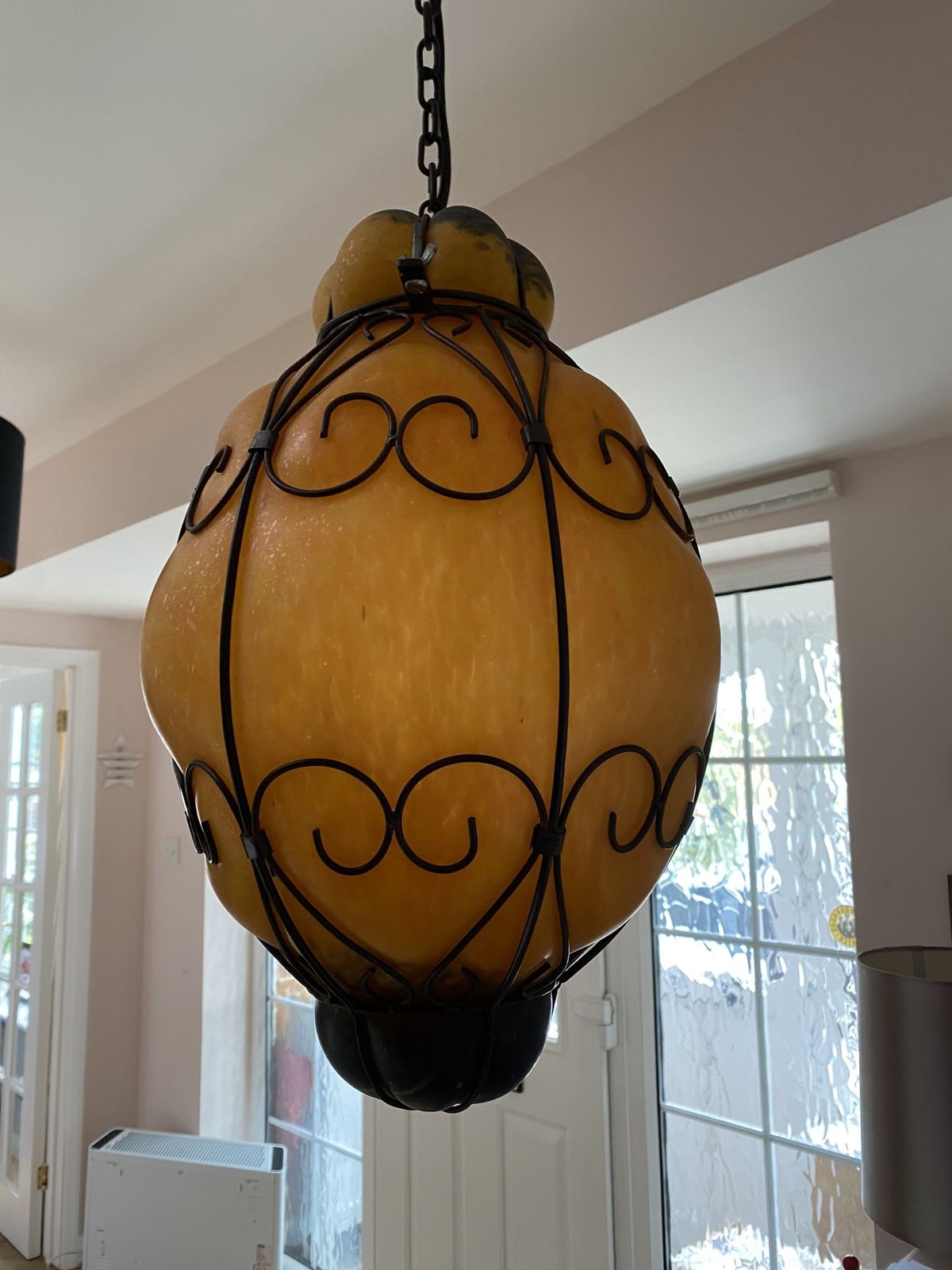 Large 1960s Venetian Wrought Iron Cage Murano Glass Lantern Pendant Light Opaque Amber