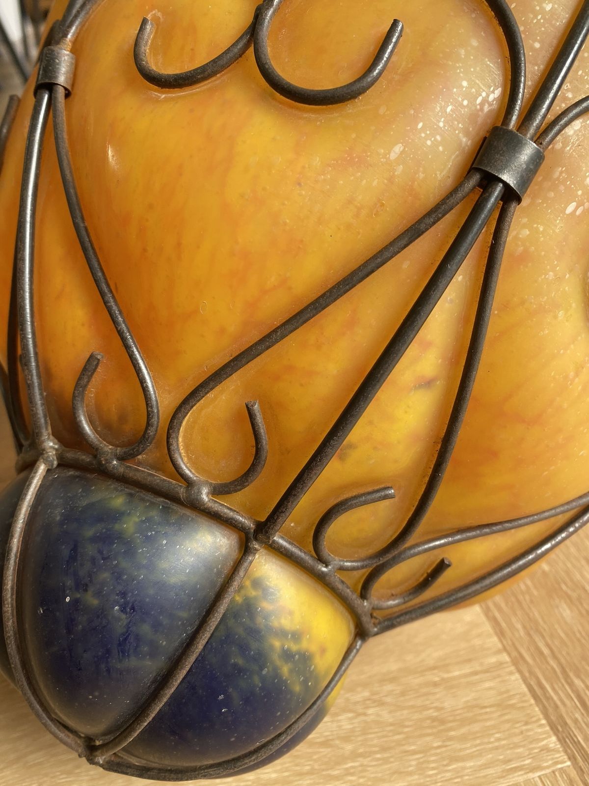 Large 1960s Venetian Wrought Iron Cage Murano Glass Lantern Pendant Light Opaque Amber photo 245.0