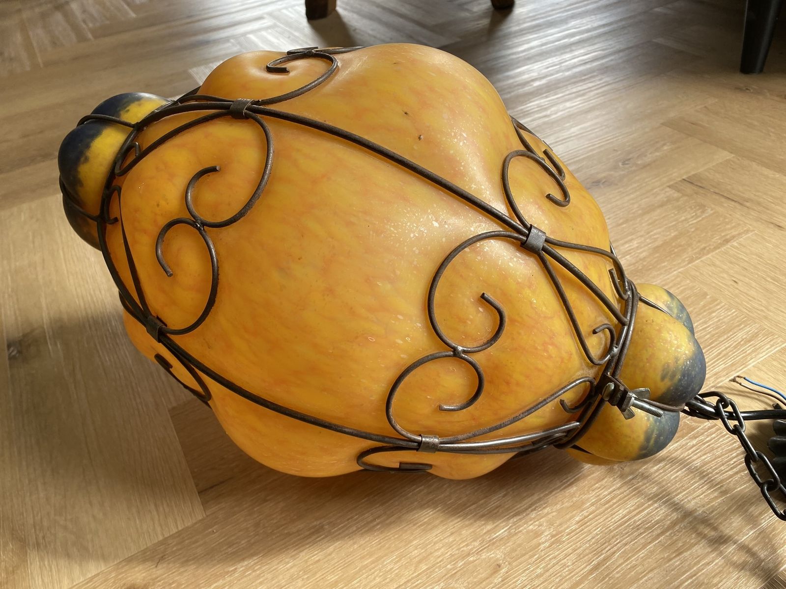 Large 1960s Venetian Wrought Iron Cage Murano Glass Lantern Pendant Light Opaque Amber photo buy