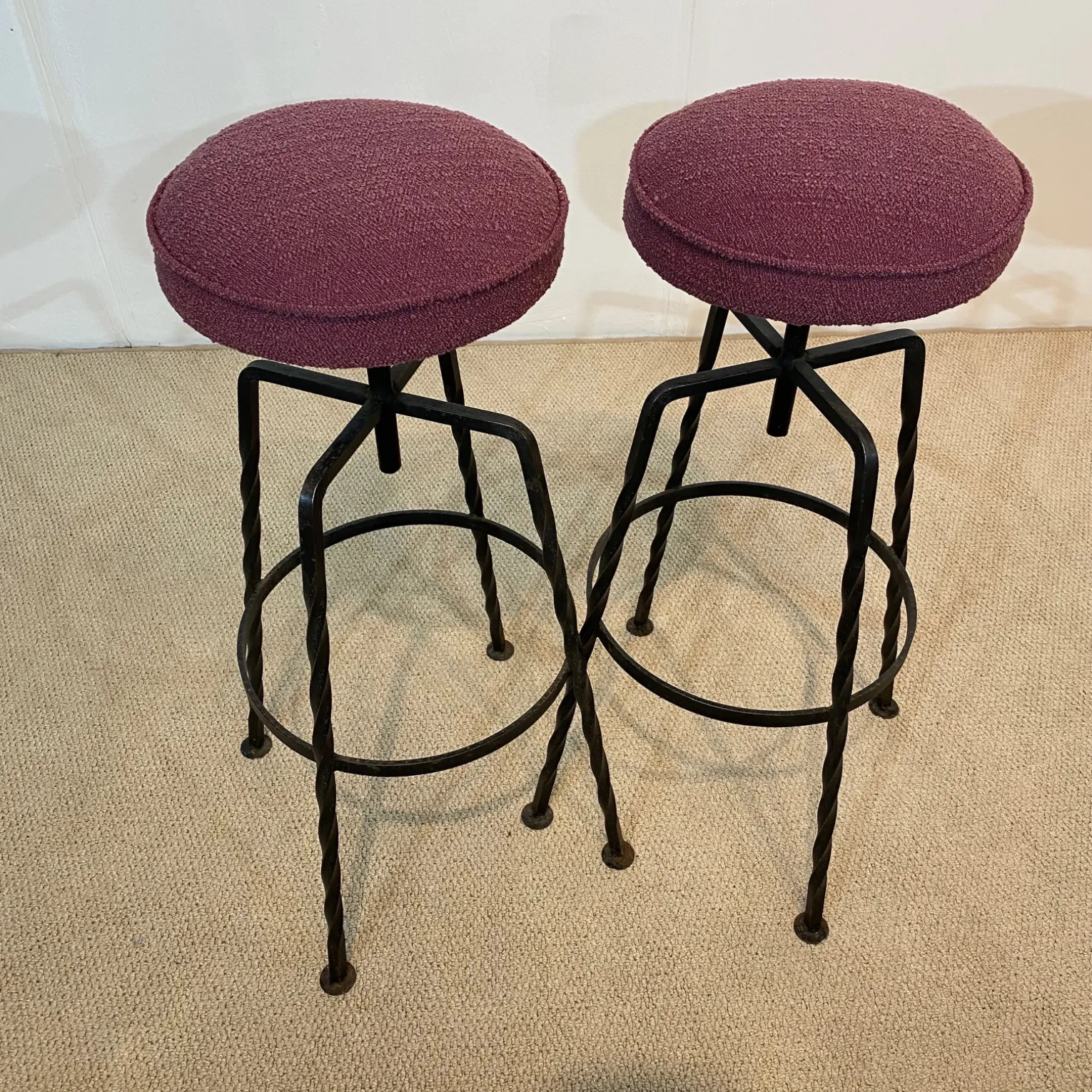 1890.0 Pair Maroon Boucle Iron Swivel Bar Stools Midcentury Italian Vintage 1950s photo