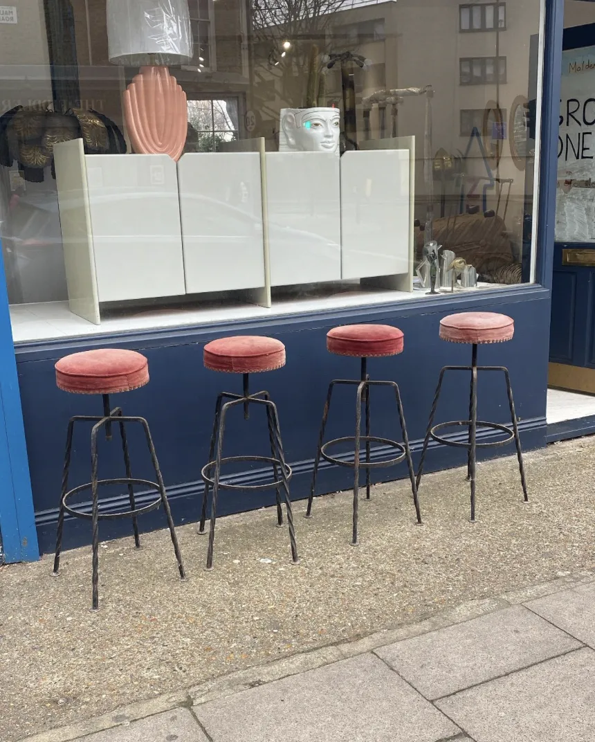 photo buy Pair Maroon Boucle Iron Swivel Bar Stools Midcentury Italian Vintage 1950s