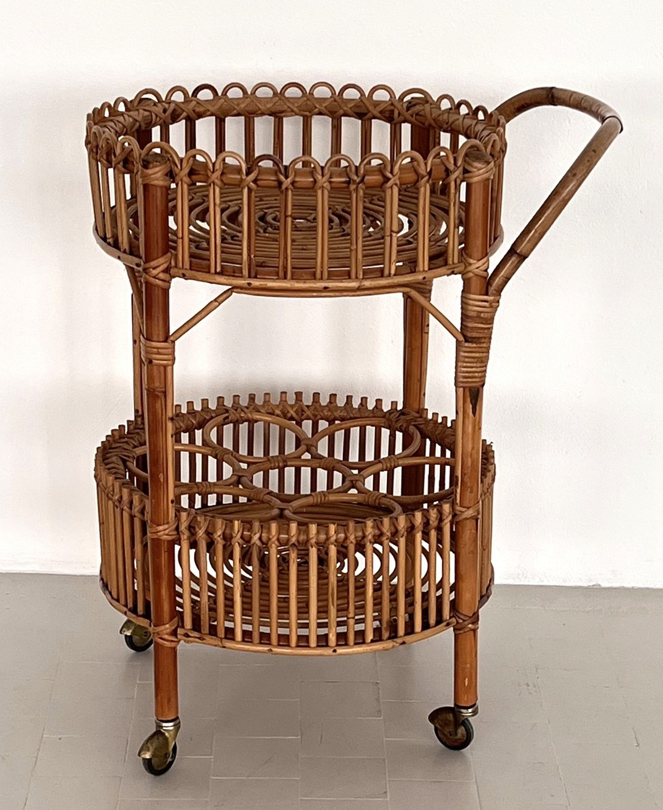Italian Bamboo And Rattan Serving Bar Cart Or Trolley, 1970