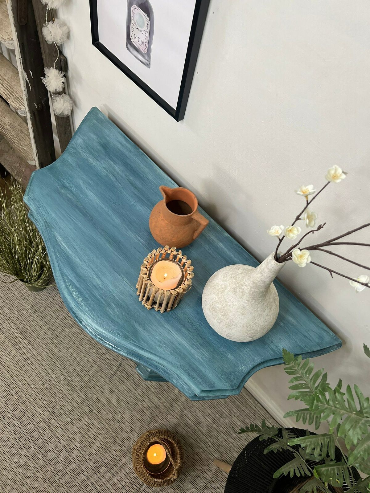 Layered Blue Boho Decorative Hallway Console Table photo for sale