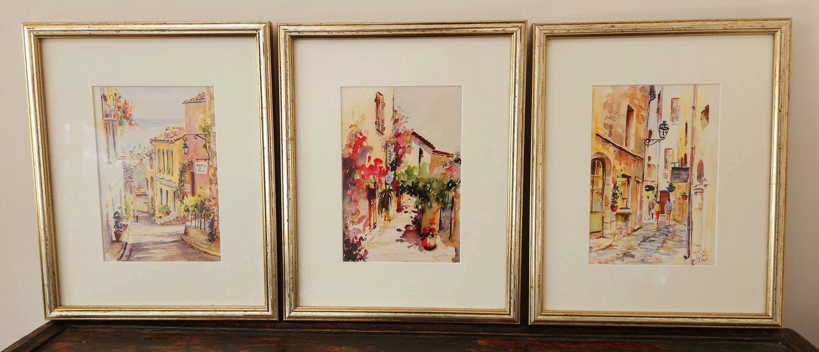 Pretty Trio Of Original Watercolours Signed By Provençale Artist Cybèle