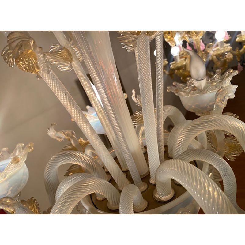photo for sale 1970s Italian Style Murano Glass Seta Color And Gold Chandelier