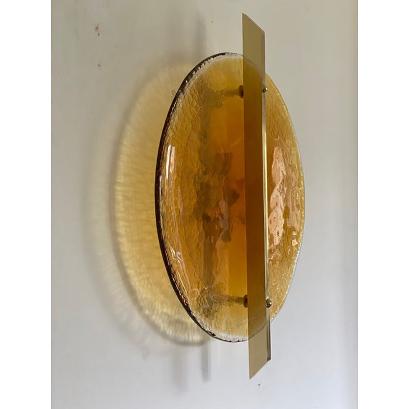 Italian Wall Light In Amber Murano Glass Disc And Brass Metal Frame photo Lighting