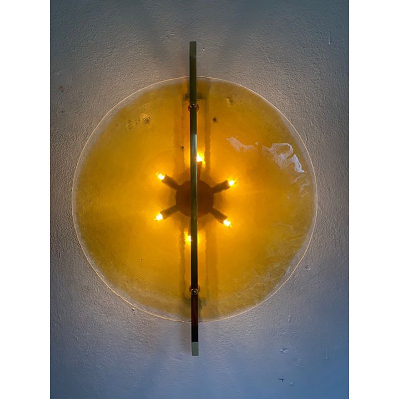 Italian Wall Light In Amber Murano Glass Disc And Brass Metal Frame photo vinterior