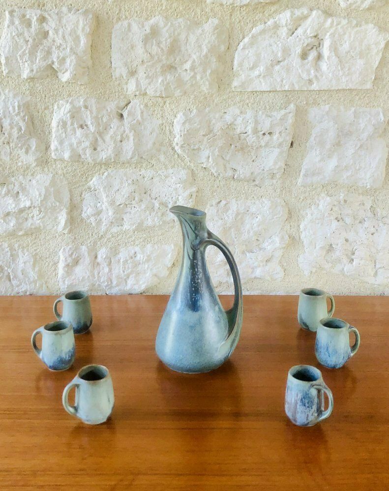 Art Nouveau Flamed Stoneware Liquor Service From Denbac, Set Of 7
