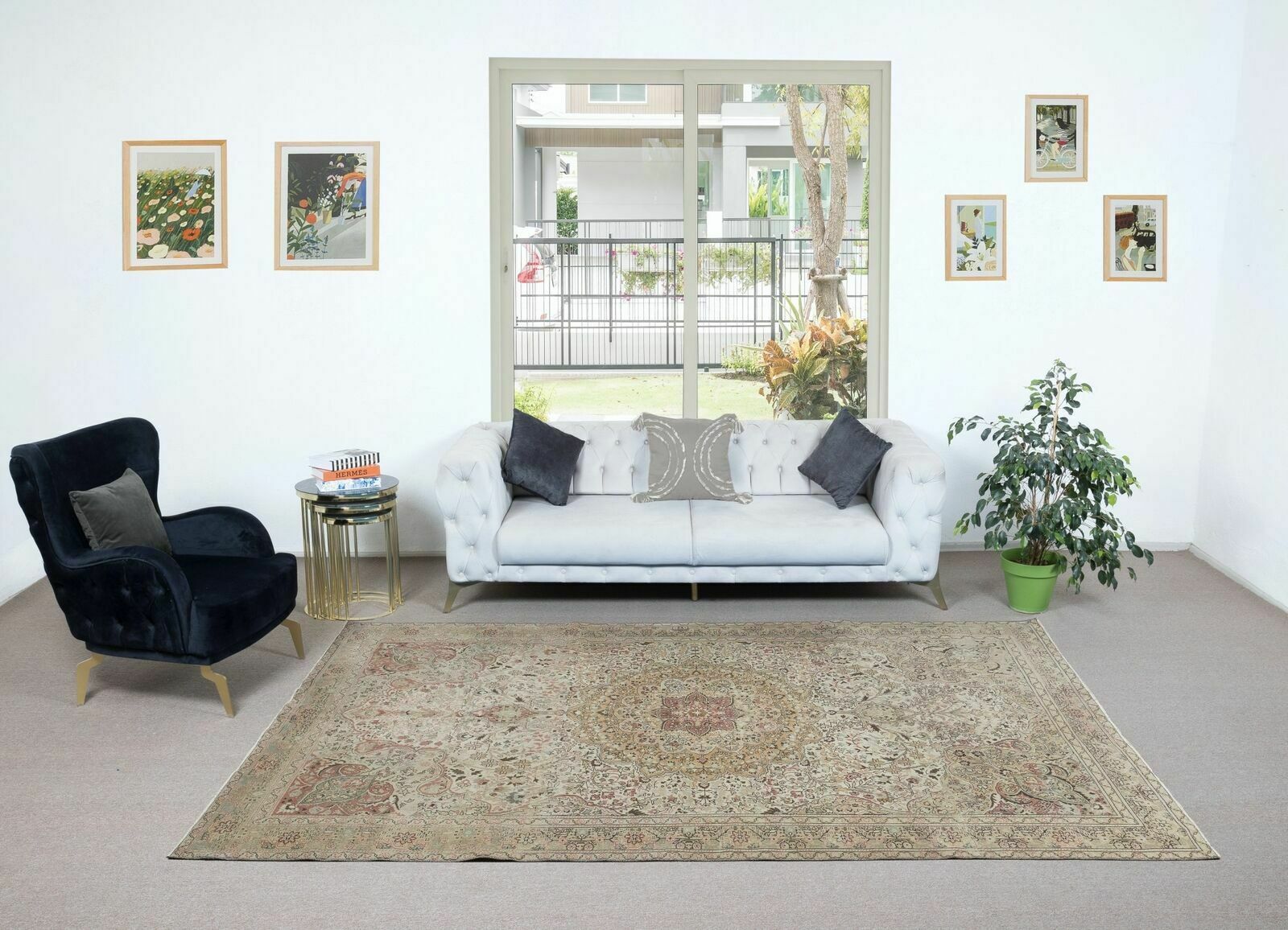 6.5x10 Ft Splendid Vintage Handmade Turkish Beige Area Rug With Medallion Design photo furniture