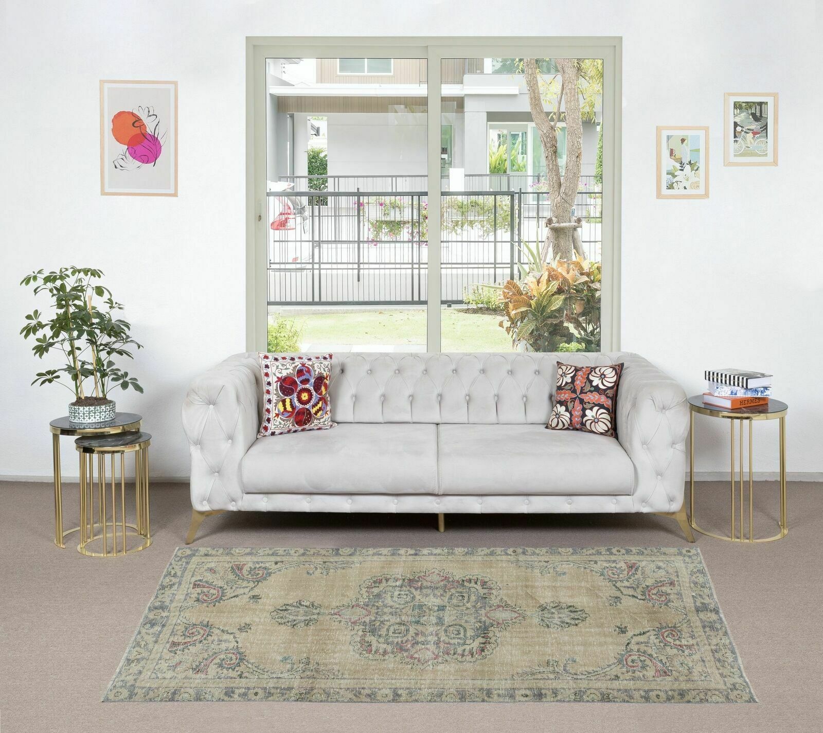 Vintage Sun Faded Rug, Hand Knotted Turkish Carpet In Beige & Gray photo furniture