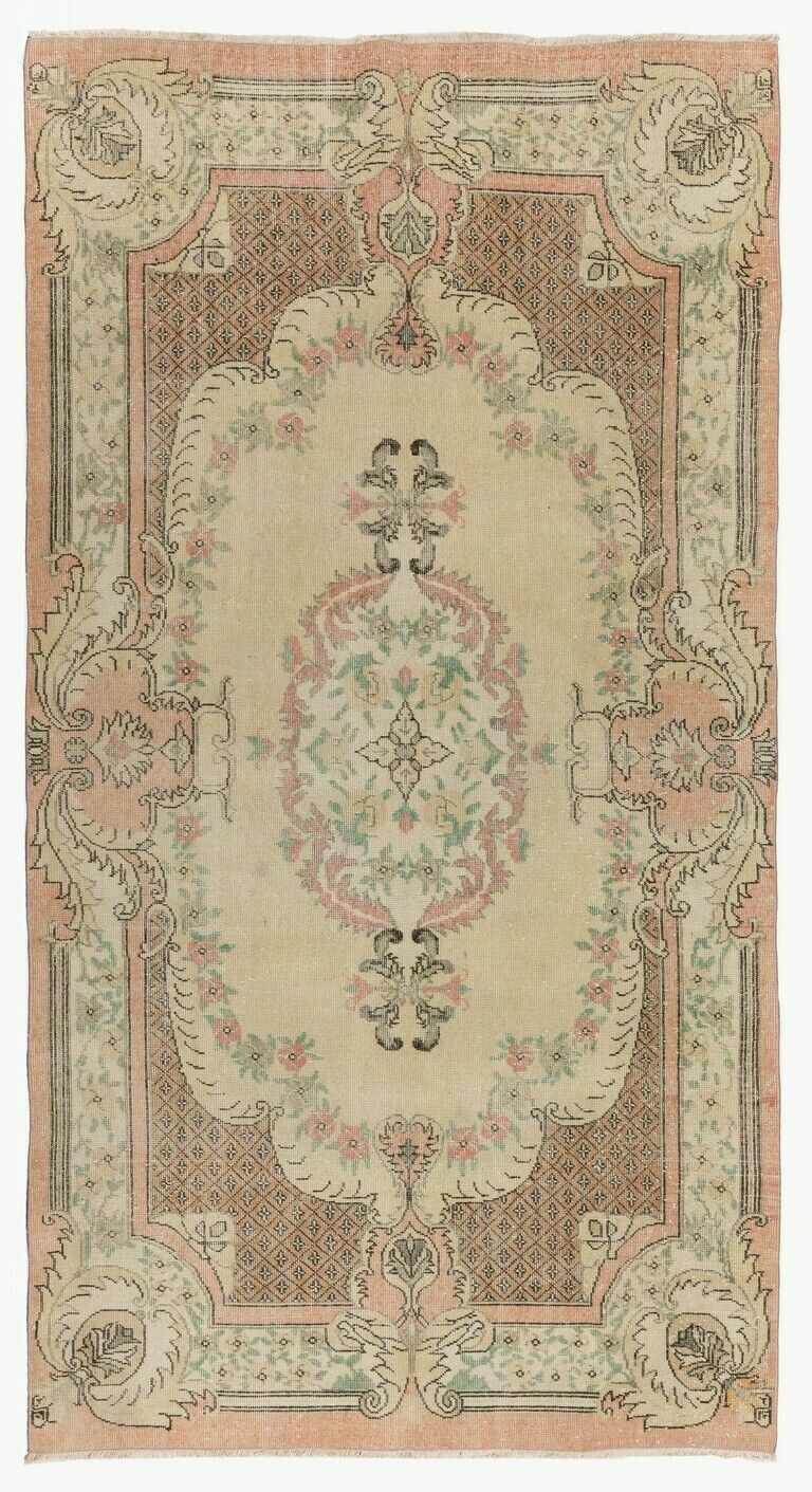 5.6x9.7 Ft Aubusson Inspired Vintage Handmade Turkish Rug In Peach, Pale Yellow