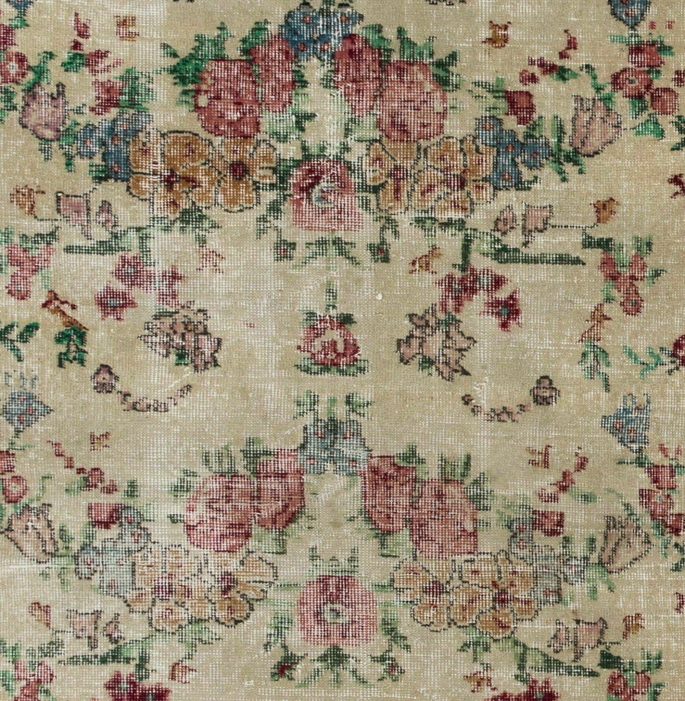 Vintage Turkish Floral Rug With Low Wool Pile In Red And Ivory photo Textiles