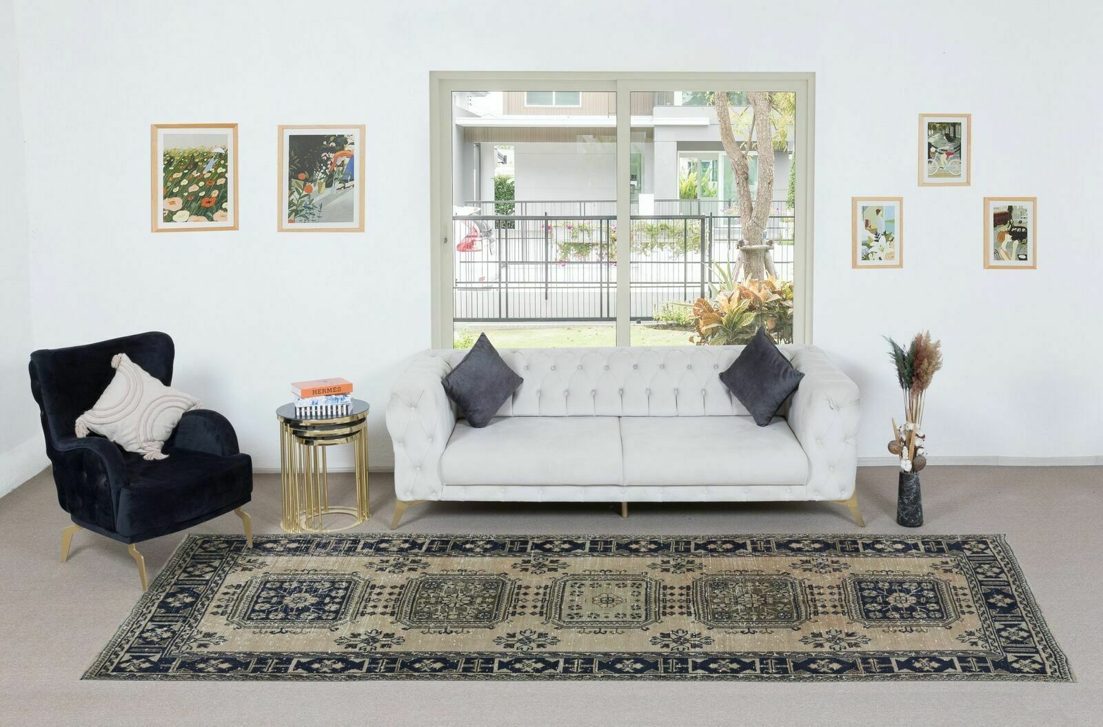 4.7x11.8 Ft Vintage Handmade Corridor Rug, Wide Hallway Runner, Stair Carpet photo furniture