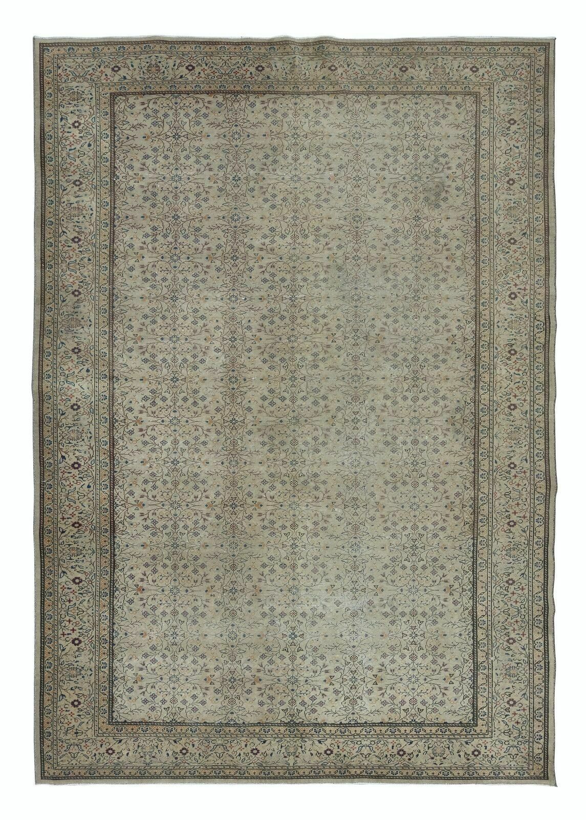 6.6x9.4 Ft Vintage Hand Knotted Anatolian Oushak Rug In Beige With Floral Design