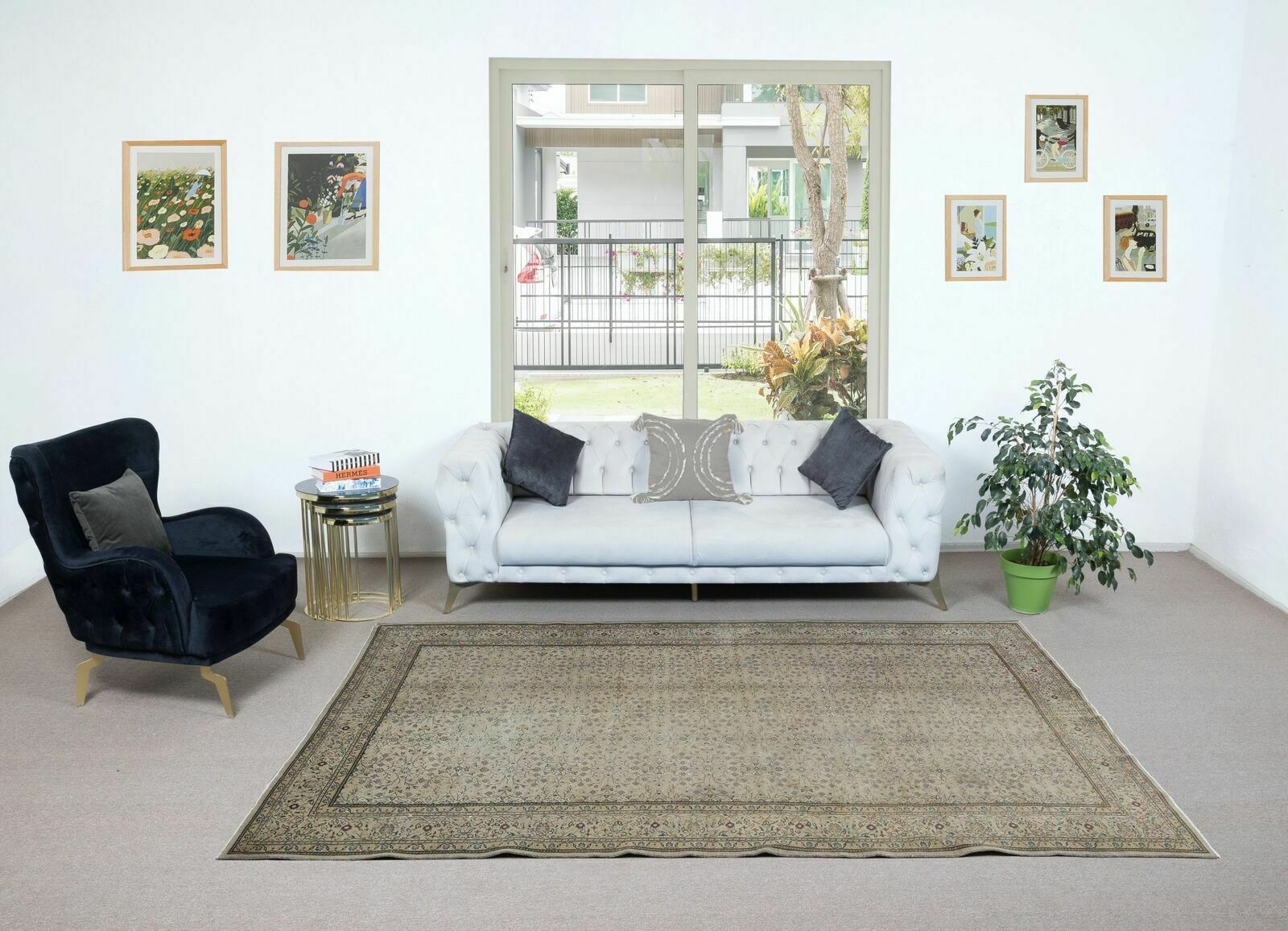 6.6x9.4 Ft Vintage Hand Knotted Anatolian Oushak Rug In Beige With Floral Design photo furniture