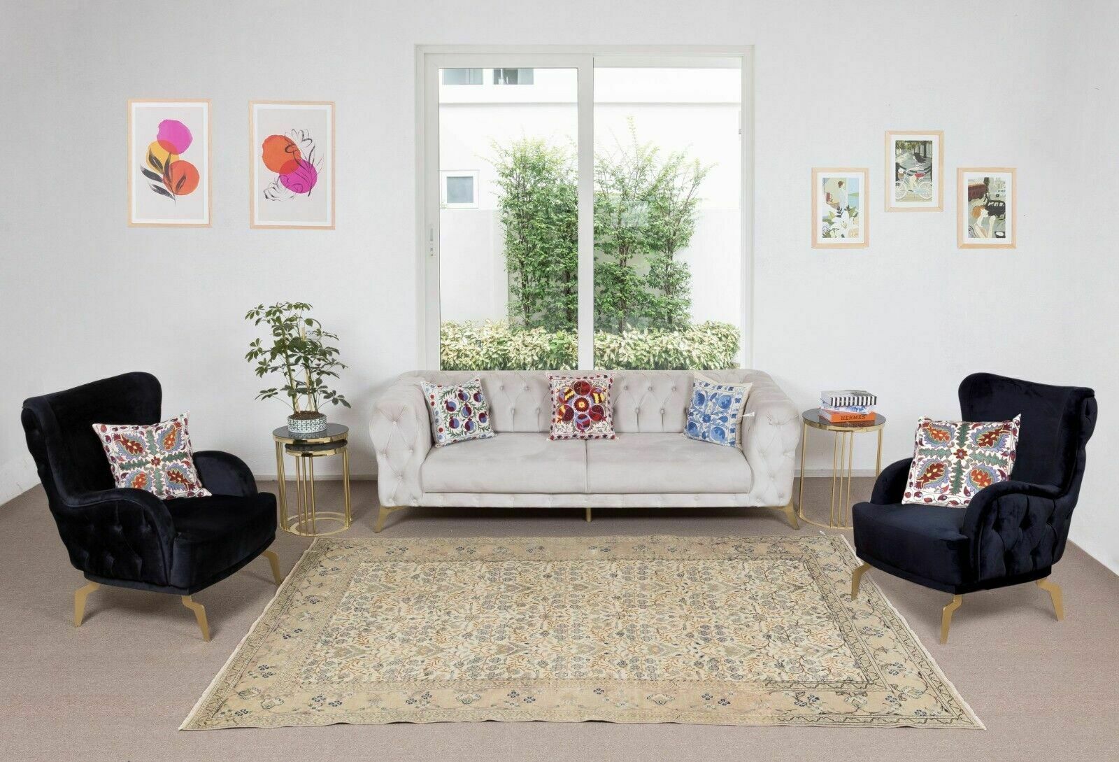 6.5x9.4 Ft Hand Knotted Turkish Oushak Rug, Authentic 1960s Floor Covering photo furniture