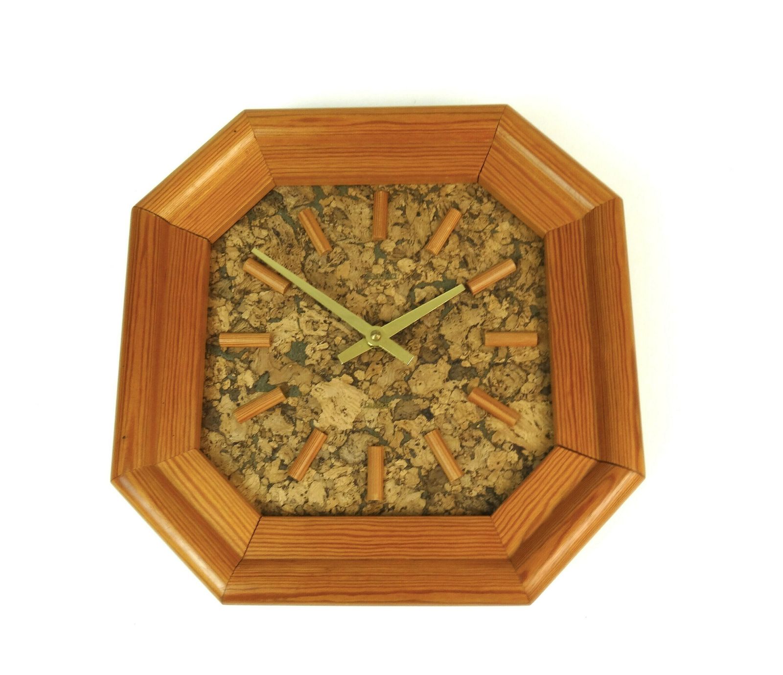 Rare Mid Century Pine Wood And Cork Wall Clock By Zentra
