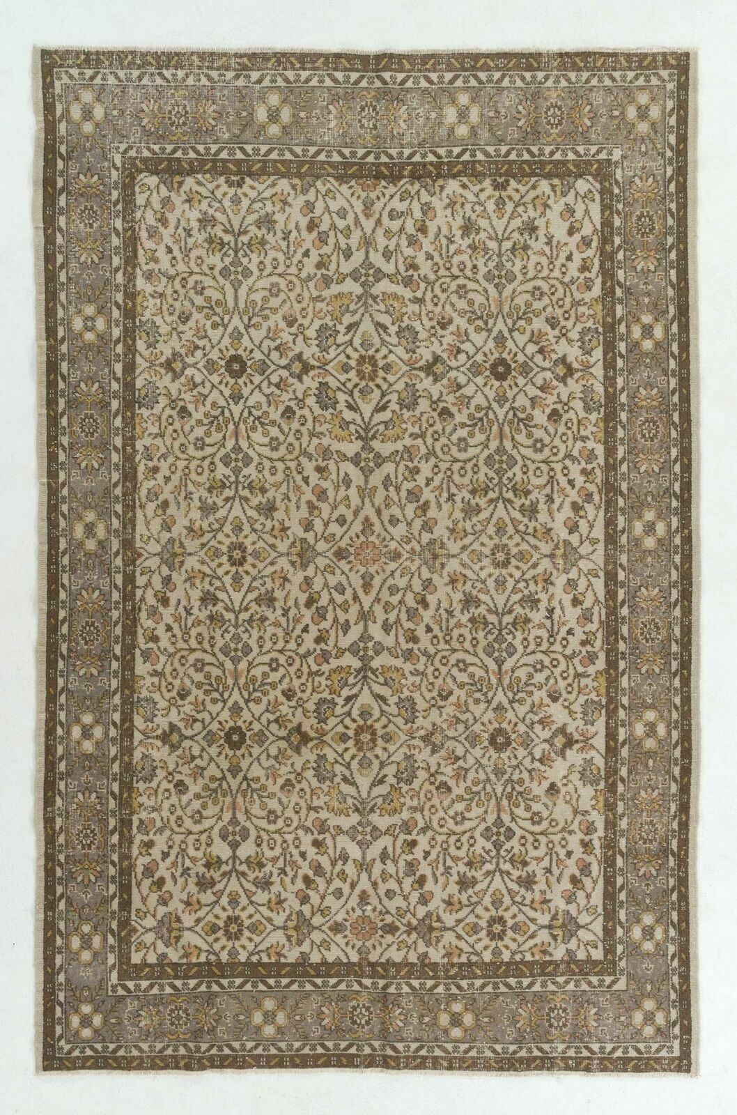6.6x10.2 Ft Floral Patterned Hand Knotted Vintage Central Anatolian Wool Rug