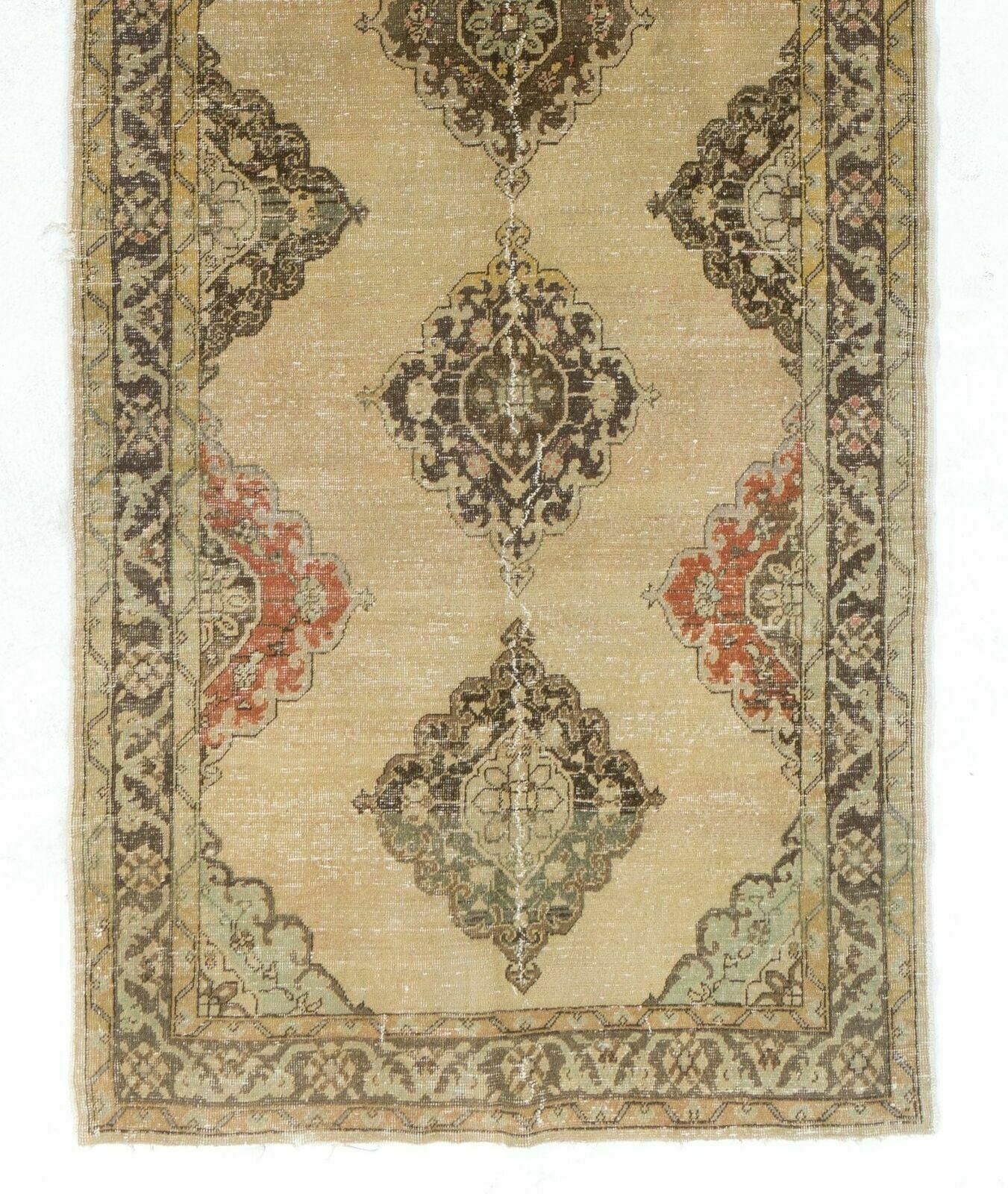 5x12.7 Ft Mid Century Handmade Oushak Runner. Natural Beige & Brown Wool Rug photo for sale