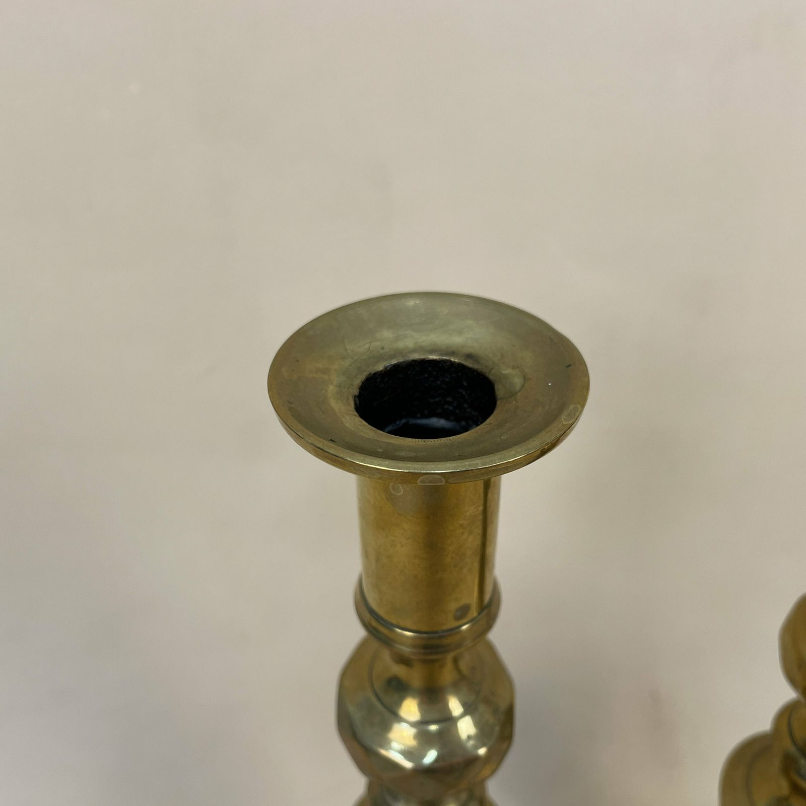 Antique Matching Pair Of Gold Brass Metal Candlestick Candle Stick Vintage Column Taper Dinner Candlesticks Square Base Column photo Home Decor