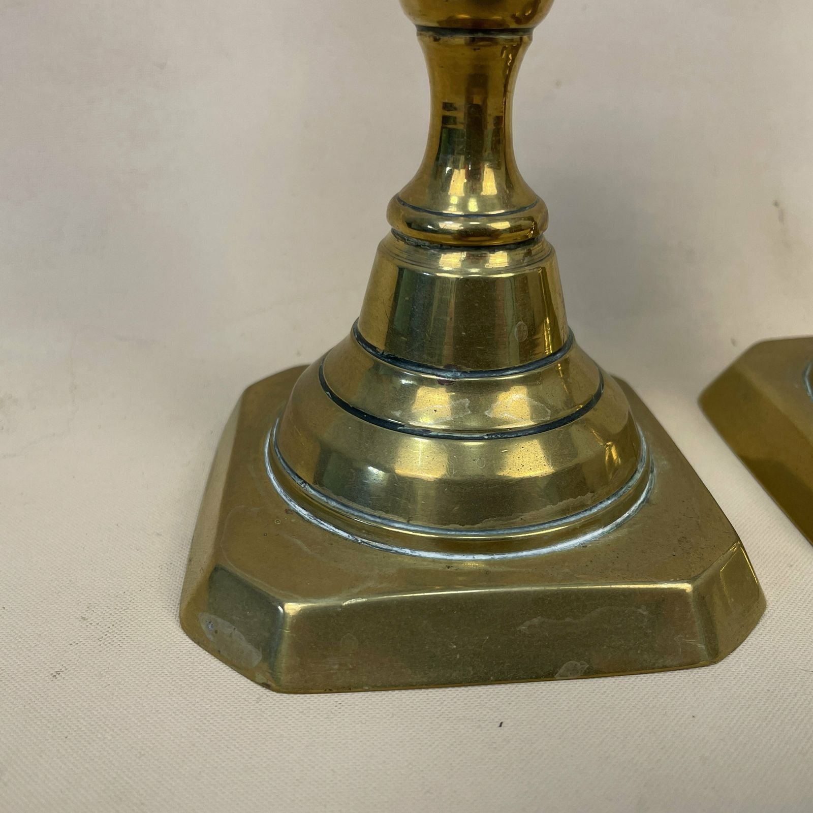 Antique Matching Pair Of Gold Brass Metal Candlestick Candle Stick Vintage Column Taper Dinner Candlesticks Square Base Column photo 56.0