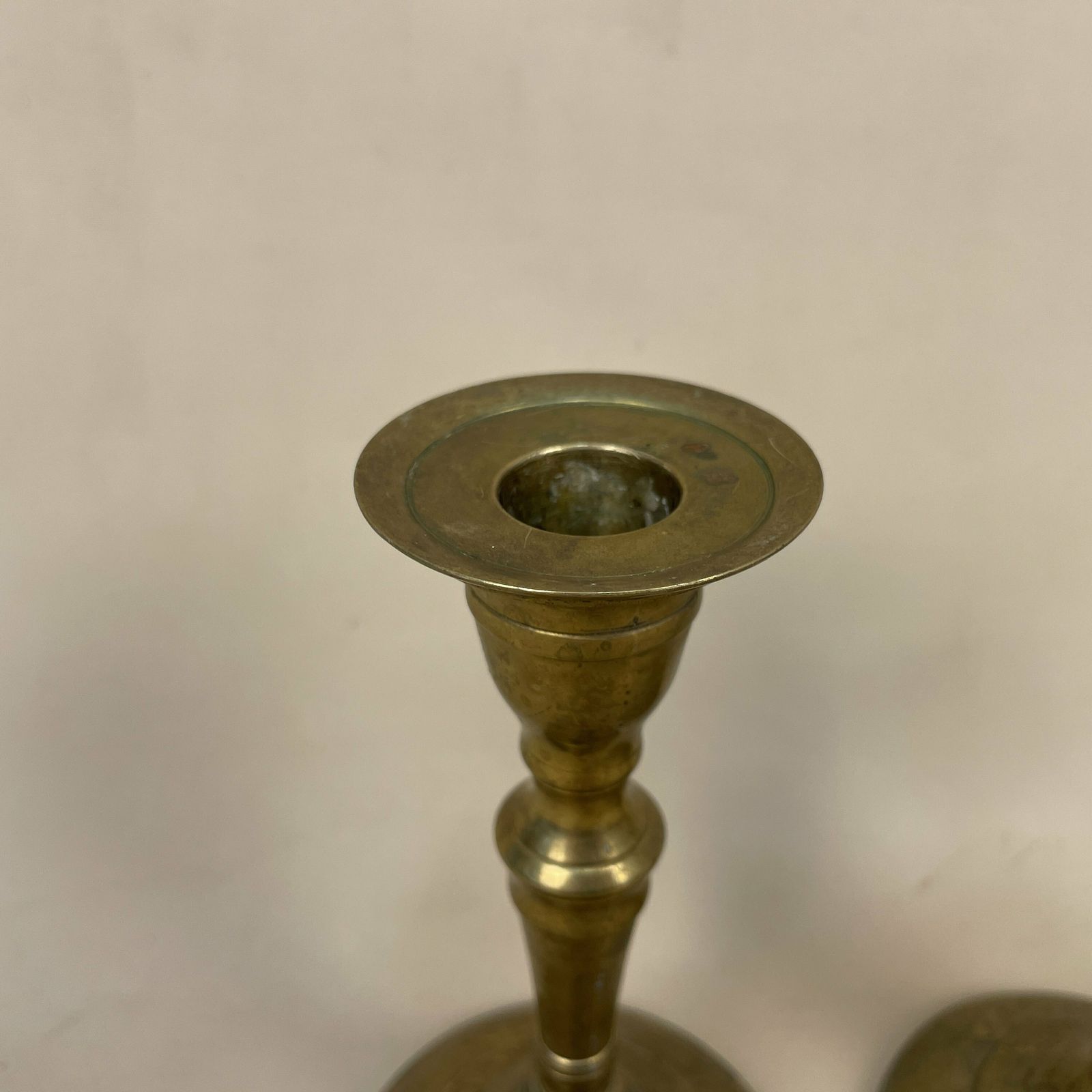Antique Matching Pair Of Gold Brass Metal Candlestick Candle Stick Vintage Column Taper Dinner Candlesticks Round Base Column photo for sale