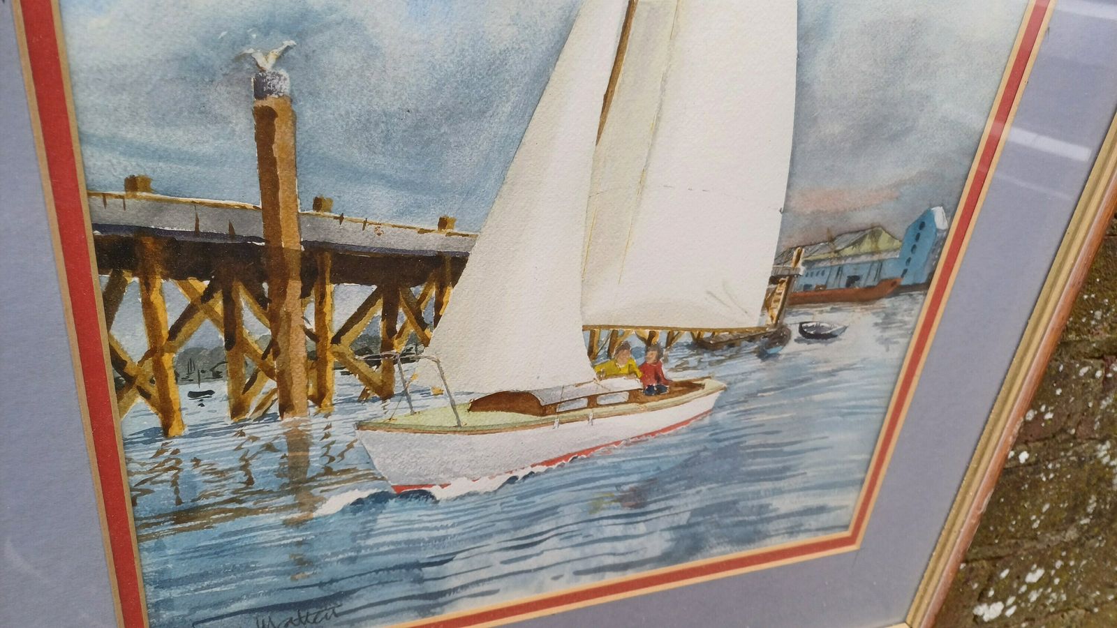 Large Original Watercolour Of A Yacht Leaving A Harbour, Jetty, Quay   Seaside, Maritime, Boating Scene photo 85.0