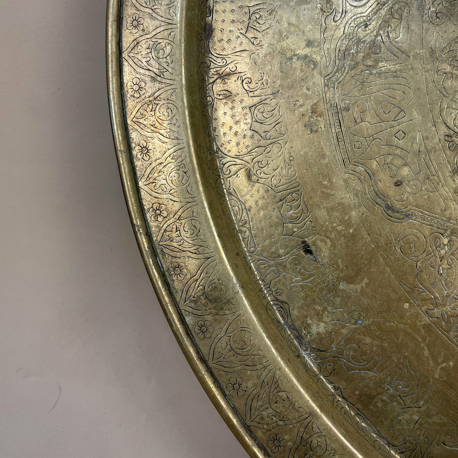 Antique Metal Gold Indian Patterned Brass Tray 58cm Plate Asian Handmade Etched Intricate Decorative Patterned Wall Art Round Vintage Animal photo for sale