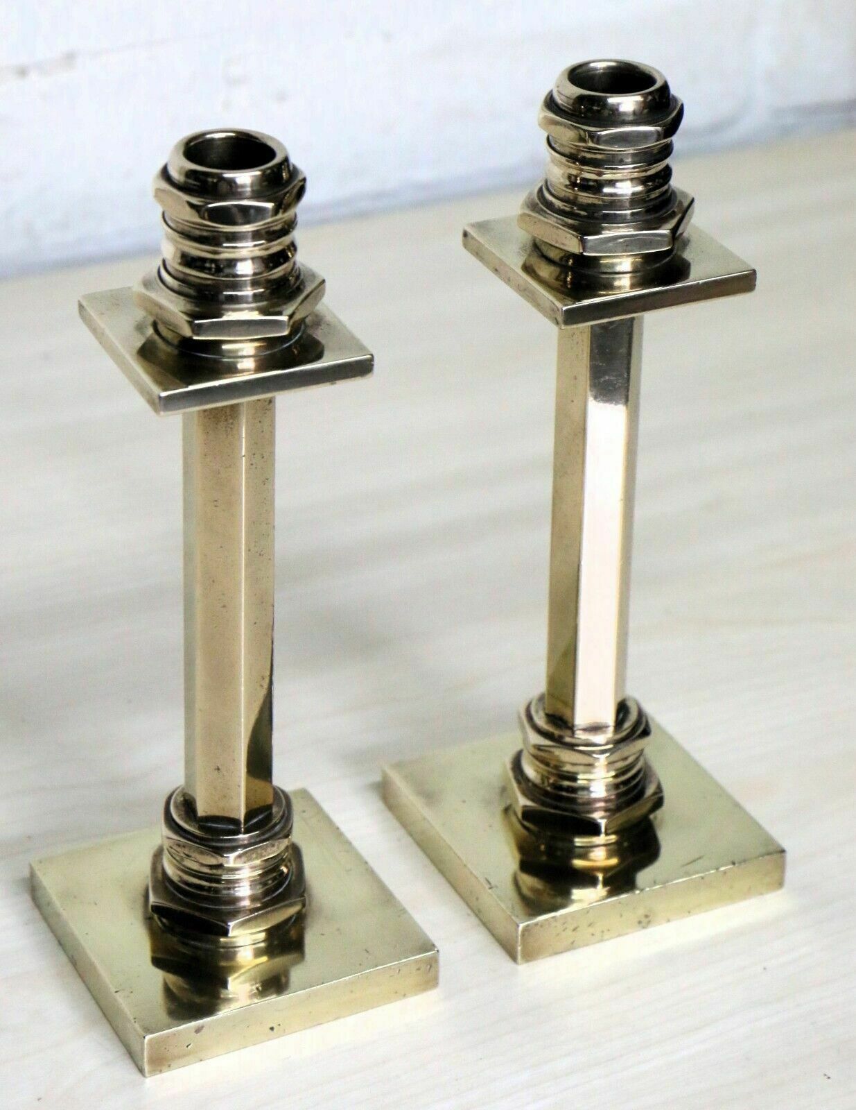 photo vinterior Candlesticks A Pair Of Art Deco Machine Age Brass Antique Candle Sticks