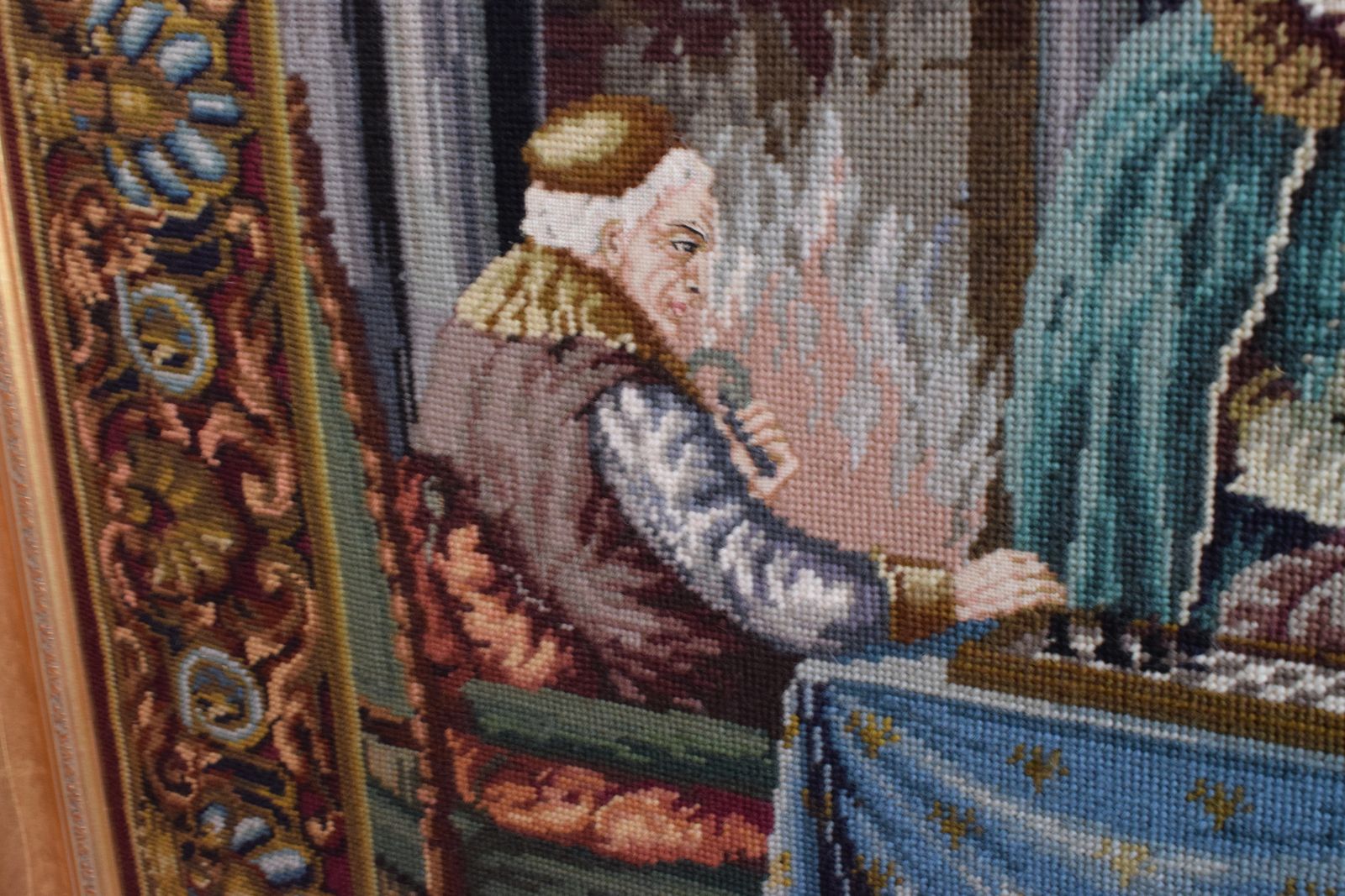 French Tapestry Depicting Figures Playing Chess In The French Court In A Fabulous Gilt Frame photo furniture