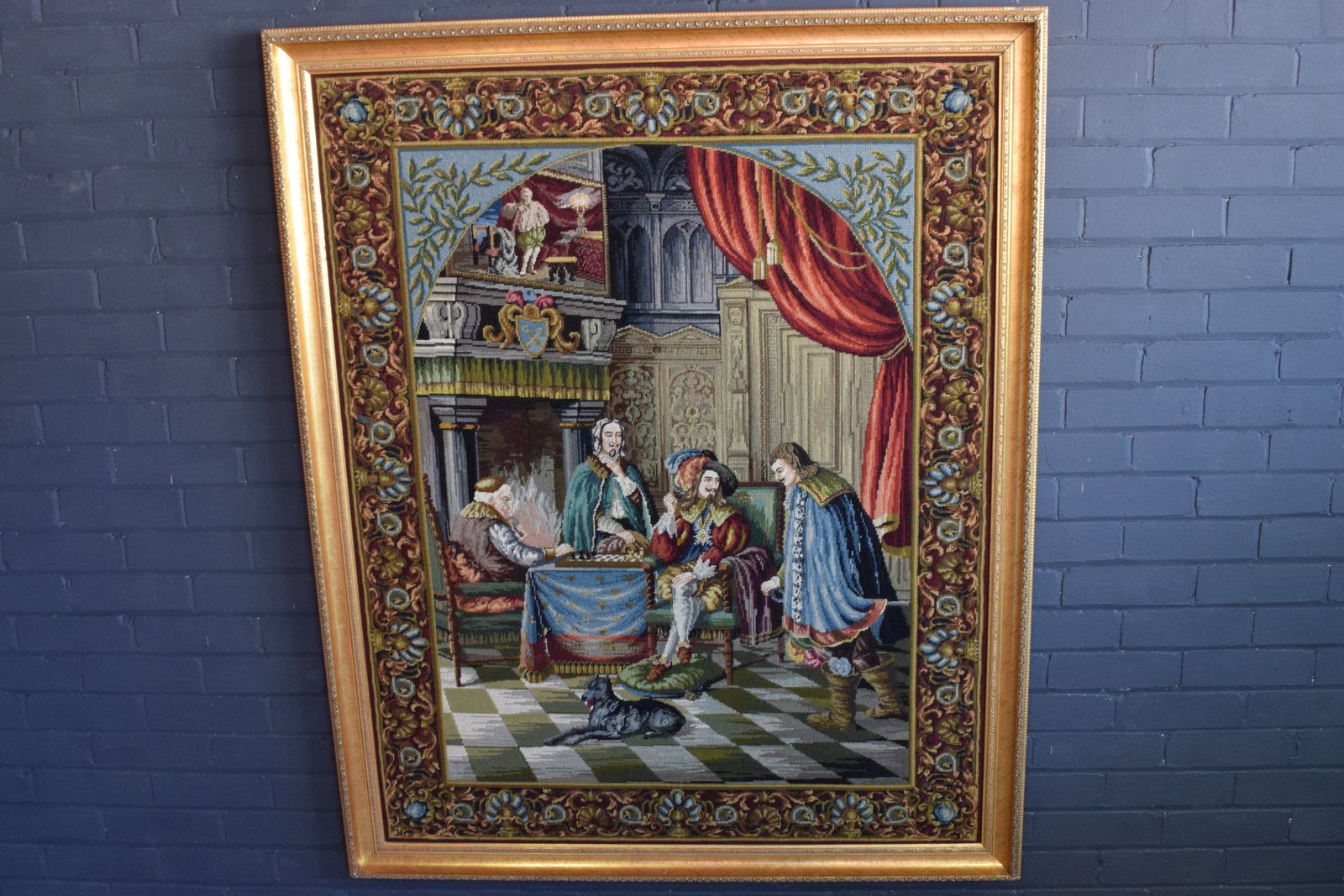 French Tapestry Depicting Figures Playing Chess In The French Court In A Fabulous Gilt Frame photo vintage