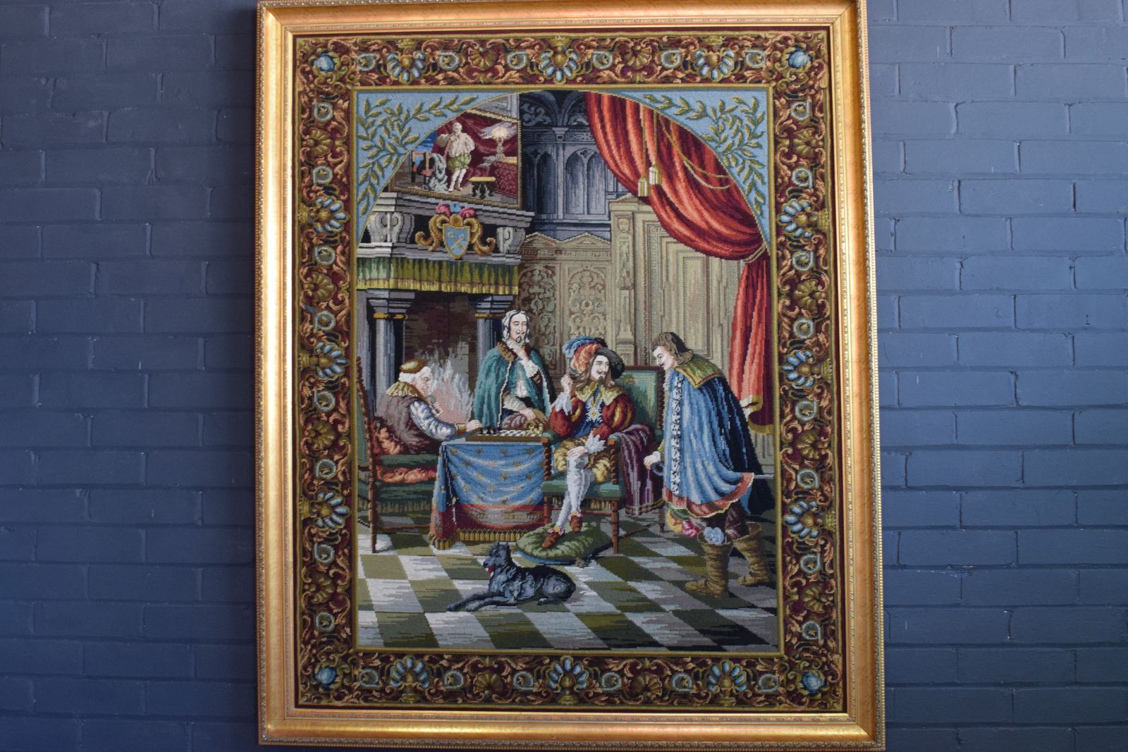 French Tapestry Depicting Figures Playing Chess In The French Court In A Fabulous Gilt Frame