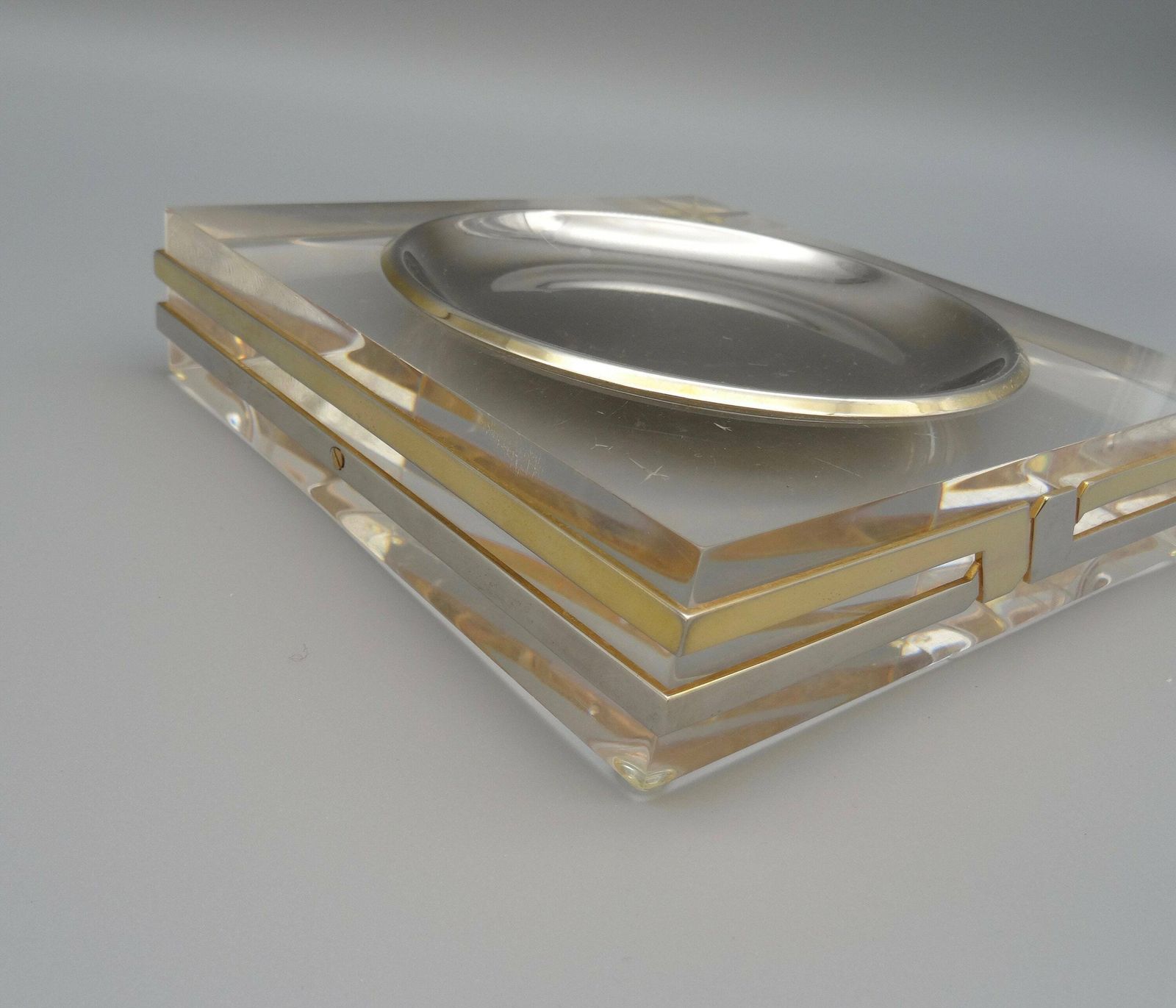 Mid Century Minimalist Clear Acrylic Lucite & Chrome Catch All Bowl Trinket By Felice Antonio Botta photo for sale