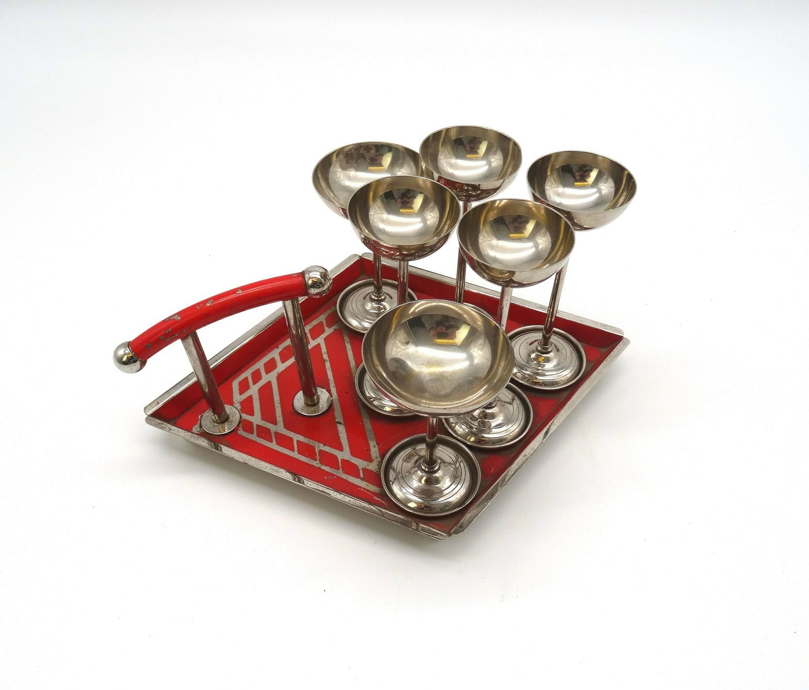 Rare Bauhaus Red Enamel Cubist Tray With Vodka Cups Art Deco Germany 1930 Barware photo furniture