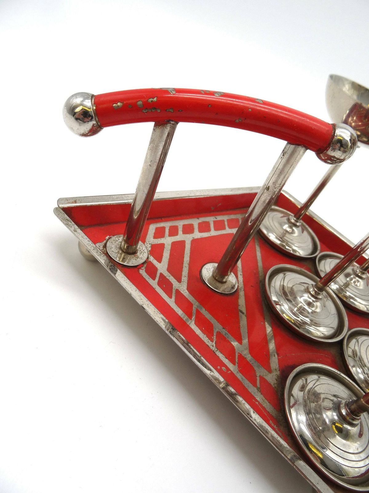 Rare Bauhaus Red Enamel Cubist Tray With Vodka Cups Art Deco Germany 1930 Barware photo Home Decor