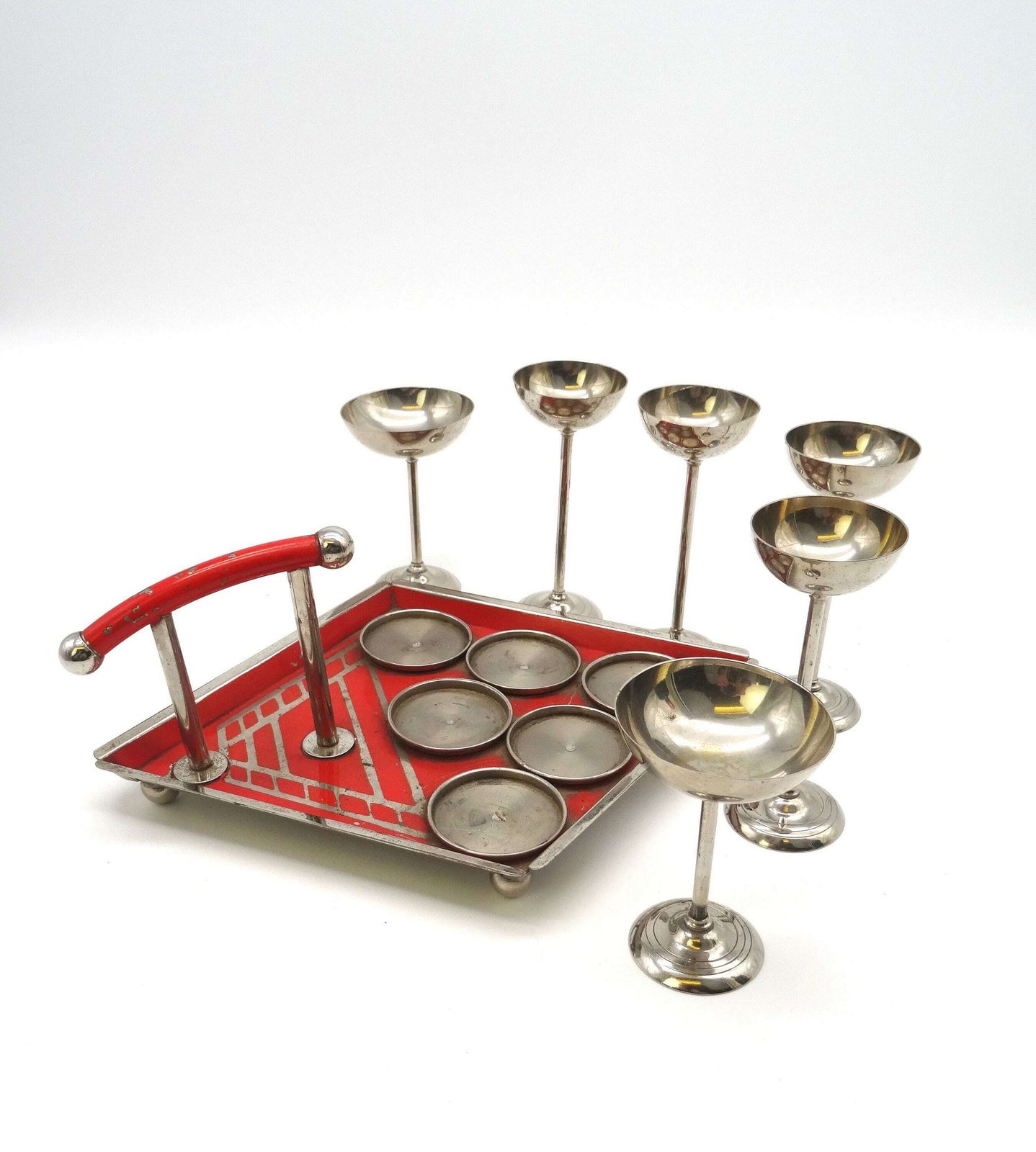 Rare Bauhaus Red Enamel Cubist Tray With Vodka Cups Art Deco Germany 1930 Barware photo buy