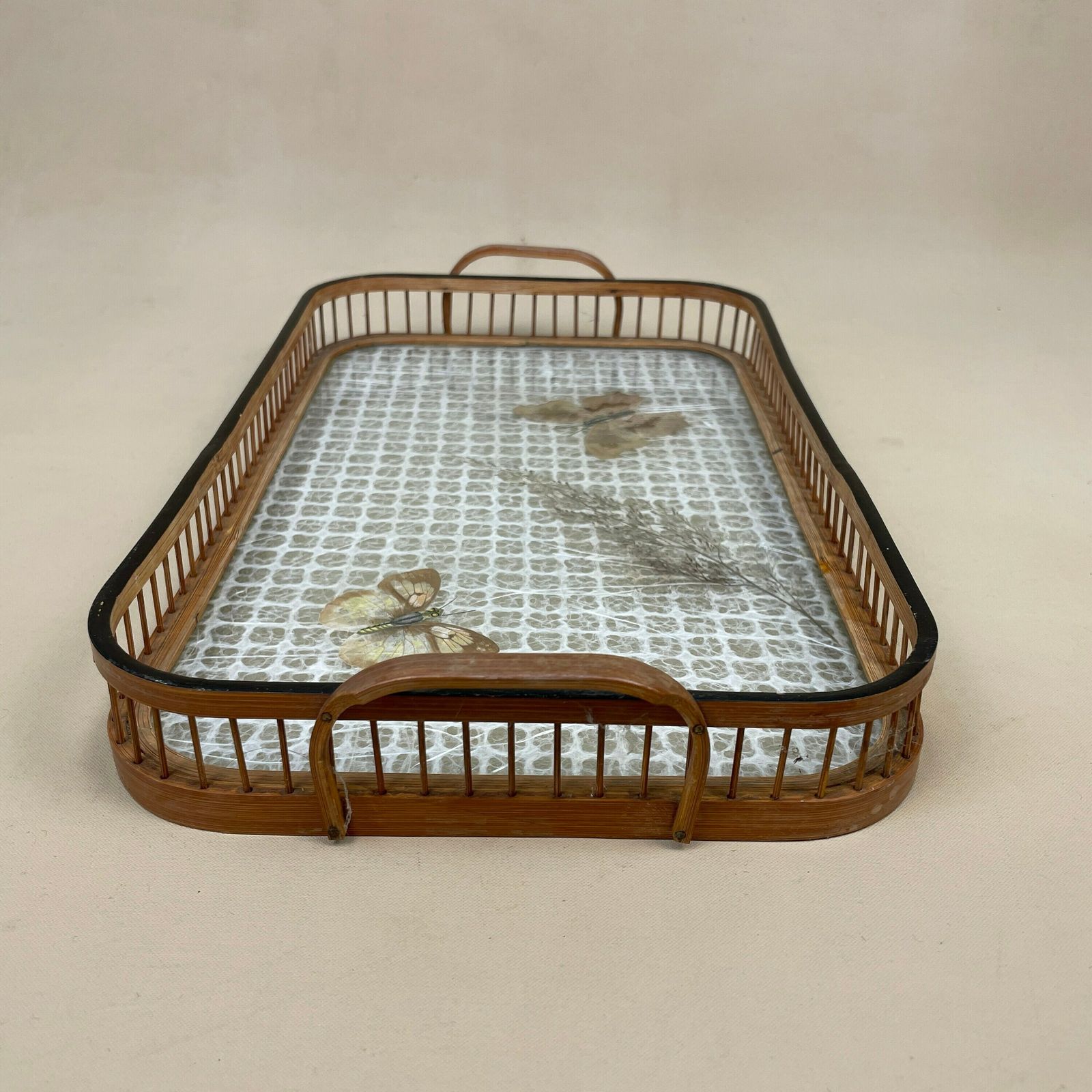 Vintage Wooden Bamboo Patterned Tray Plate Cup Holder Taxidermy Butterfly Retro Antique Wood Rectangle Plate Decorative Drinks Set Drink photo for sale