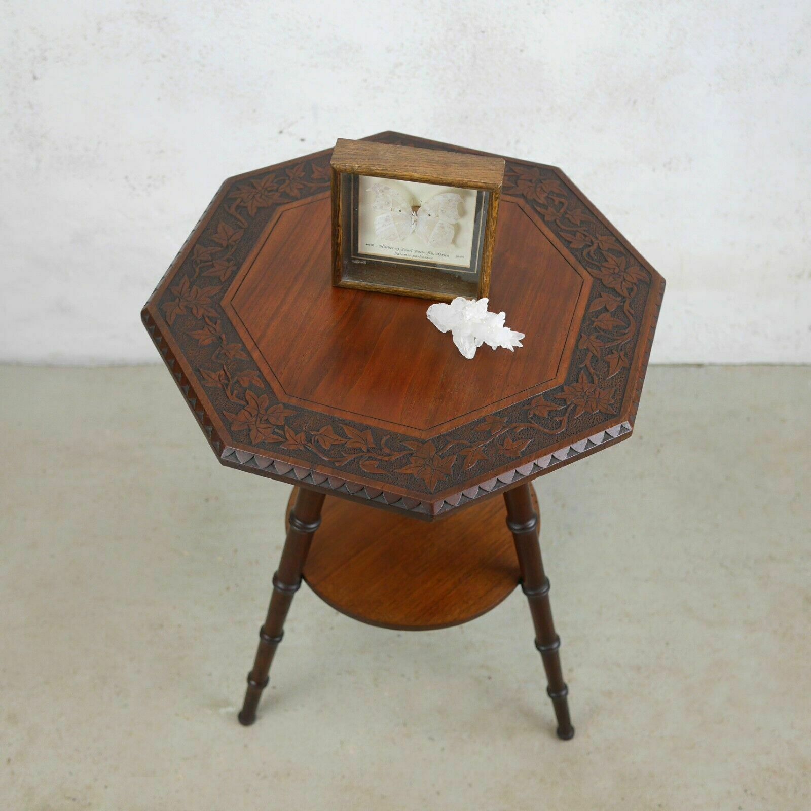 Antique Victorian Faux Bamboo Carved Poker Tripod Side Lamp Table photo for sale