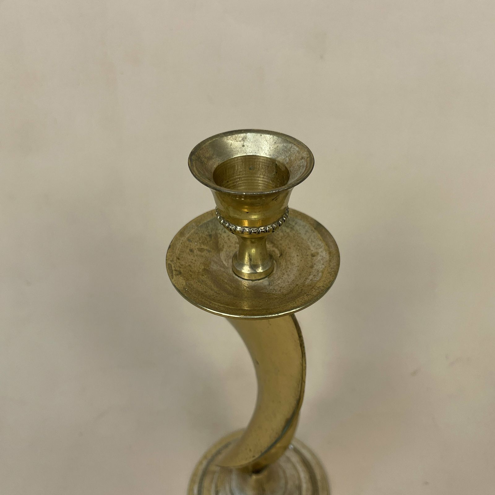 Antique Gold Brass Metal Candlestick Candle Stick Vintage Column Taper Dinner Twisted Twist Round Base Ornate Pattern Base photo furniture