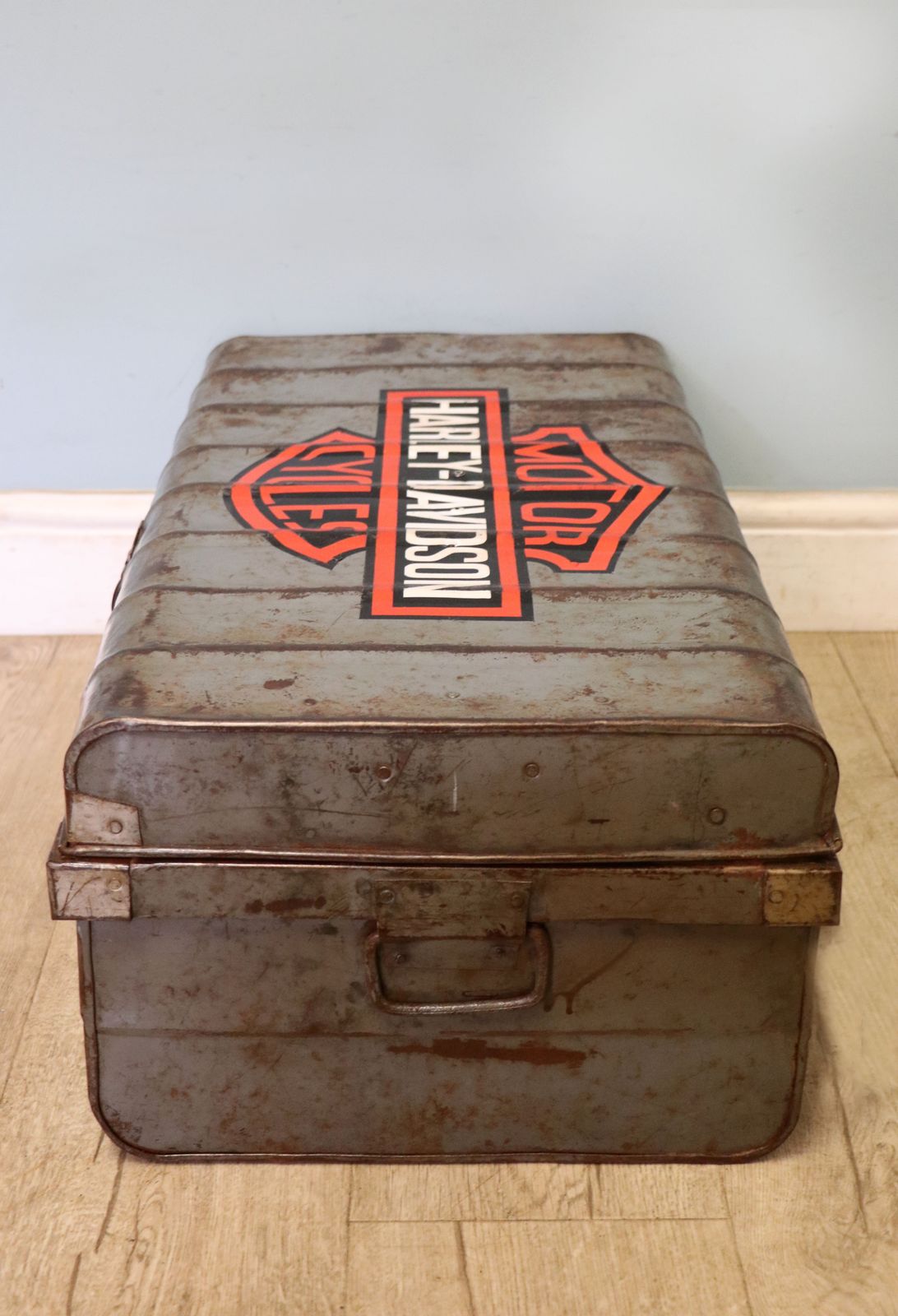 A Lovely Vintage Metal Trunk Which Has Been Later Hand Sign Written With The Harley Davidson Emblem. photo vintage