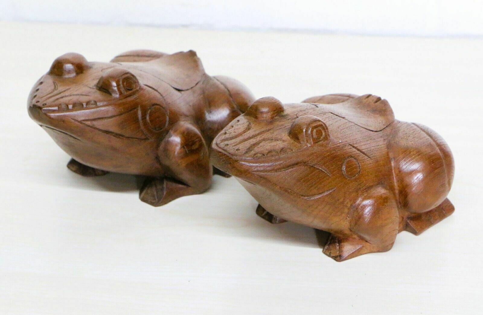 A Pair Of Large Antique Wooden Frog Incense Burners Chinese Carved Teak 1960's photo Art