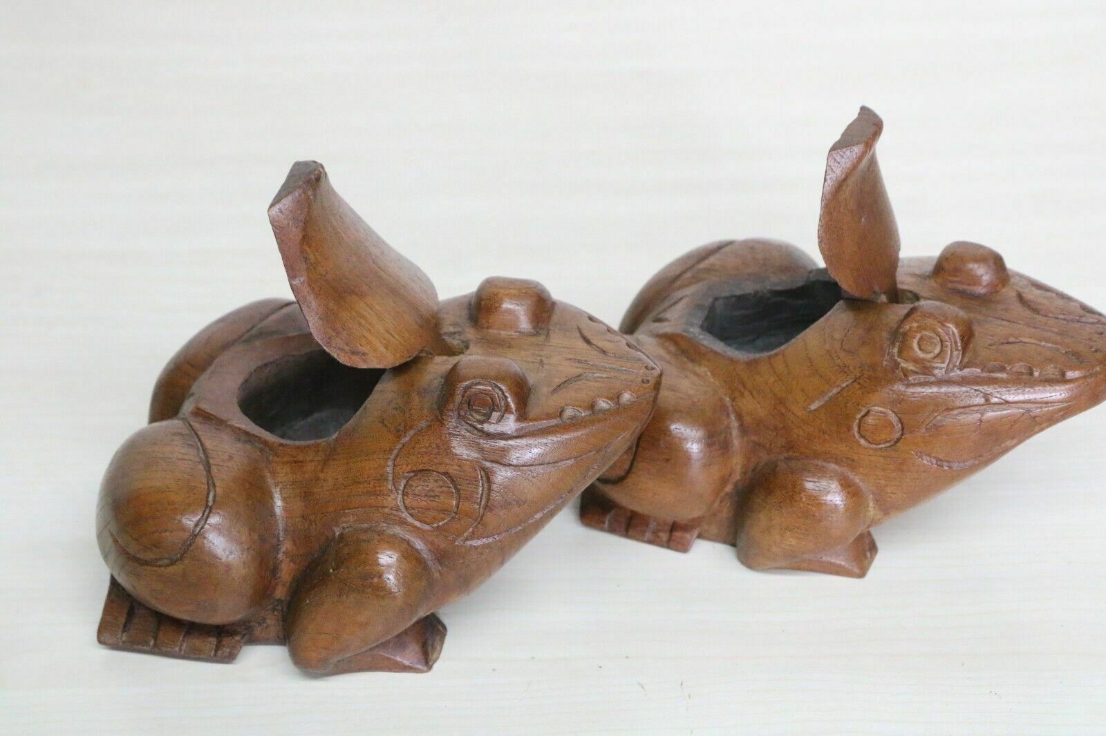 A Pair Of Large Antique Wooden Frog Incense Burners Chinese Carved Teak 1960's photo vintage