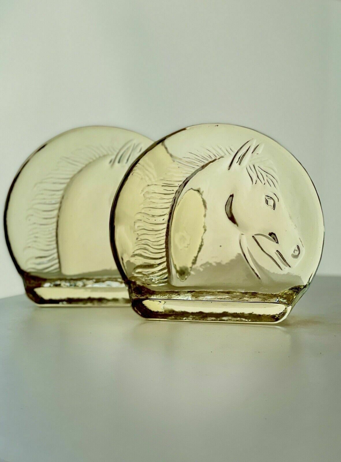 A Pair Of Vintage Depression Glass Horse Head Bookends In Pale Yellow photo for sale