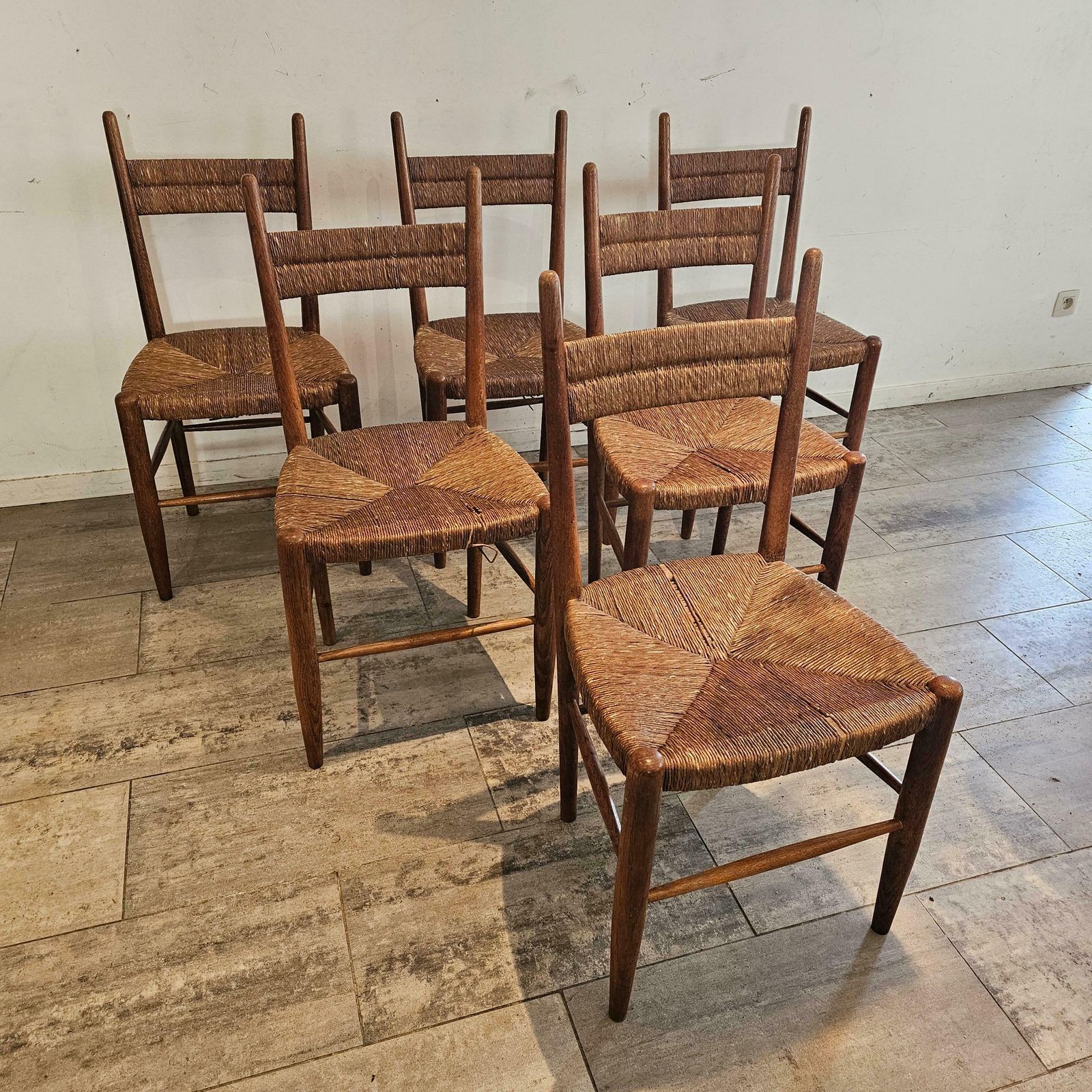 Set Of 6 French Chairs In Teak And Straw Woven Seatings photo furniture