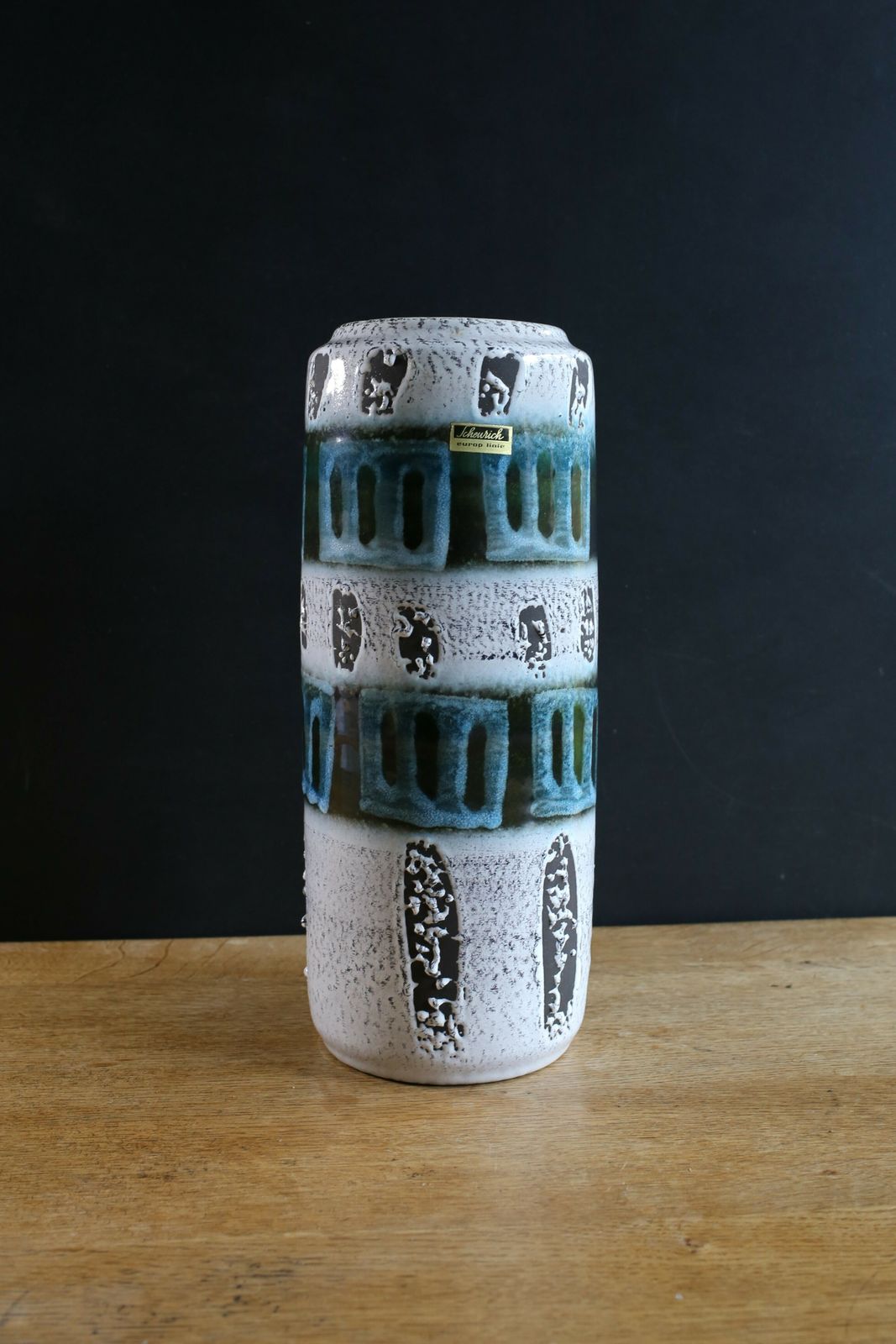 West German Pottery Vase Scheurich Mid Century Modern White And Blue Fat Lava Glaze 1960s photo furniture
